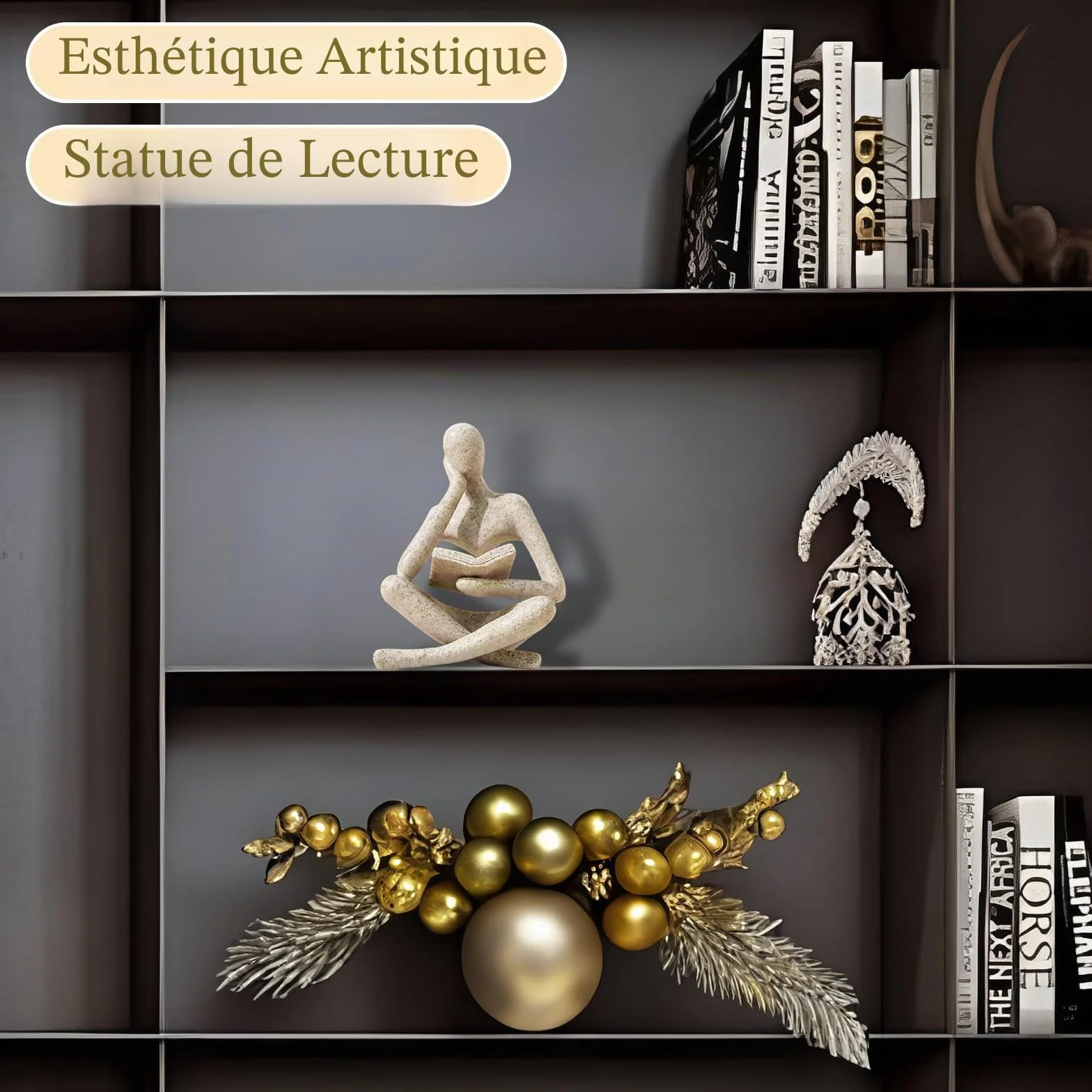 Statue de penseur résine beige décoration intérieur sculpture art abstrait salon bibliothèque