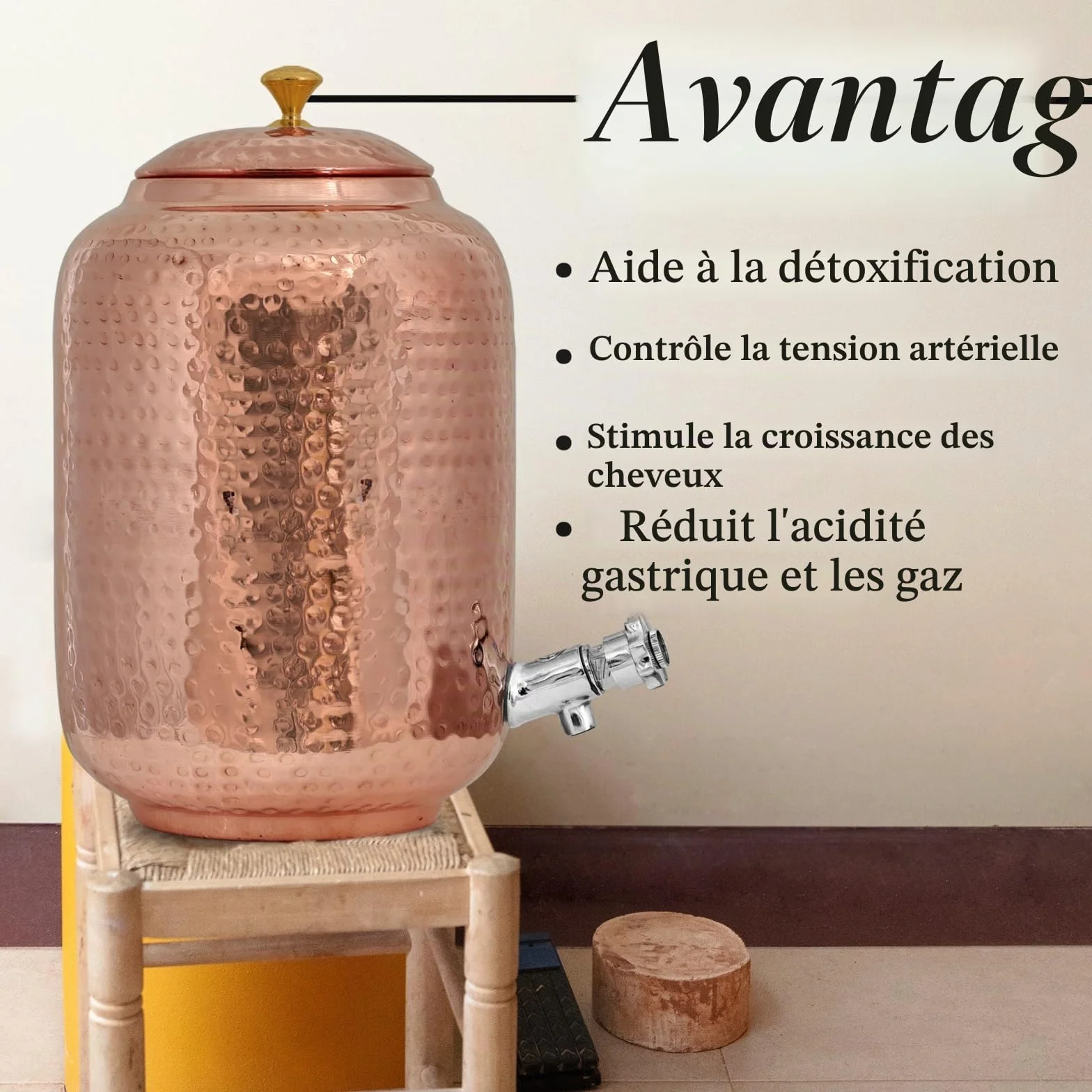 Distributeur d'eau en cuivre de 8 l et 2 verres avec bouteille d'eau, martelé à la main, hydratation ayurvédique