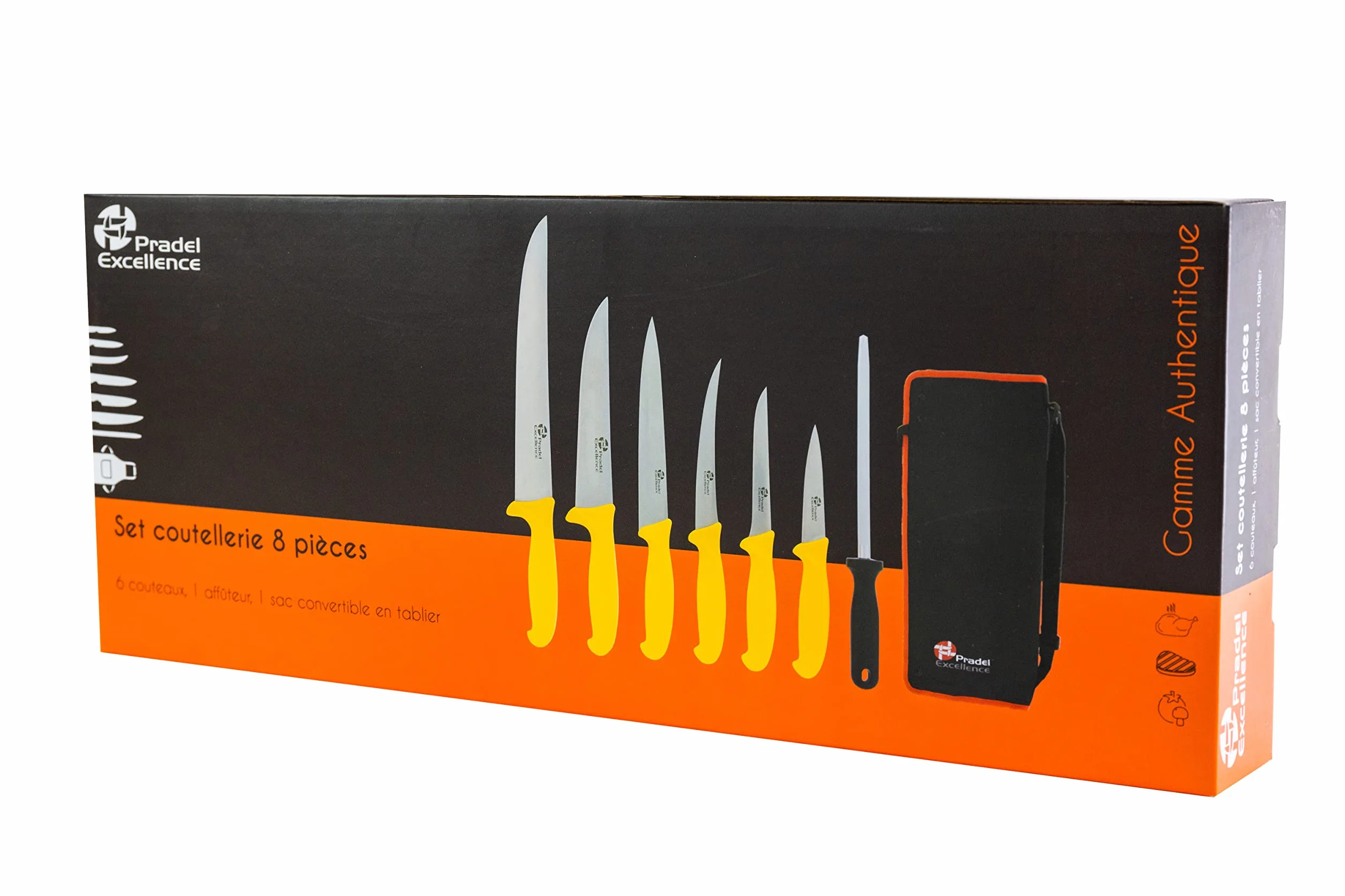 Pradel Excellence Sac Couteaux de Boucher 7 Pièces - 6 Couteaux + 1 Fusil d’Affûtage - Lames Inox Compatibles Lave-Vaisselle