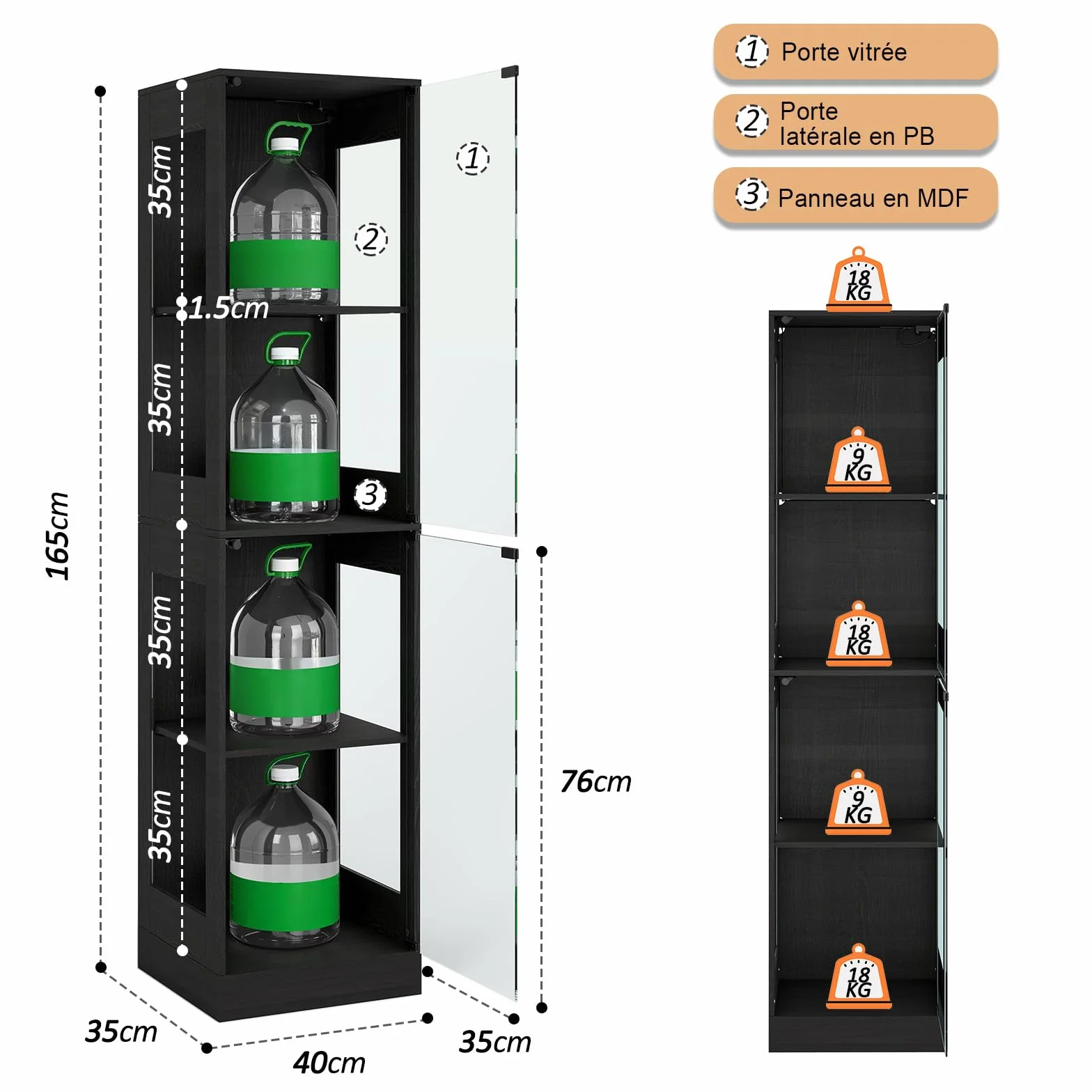 YU YUSING Vitrine Colonne en Verre avec Lumière Intelligente LED pour Collection, Armoire de Vitrine Moderne avec 4 Étagères, Mangathèque, Bibliothèque, Rangement Chambre Salon, 40 × 35 × 165 cm, Noir