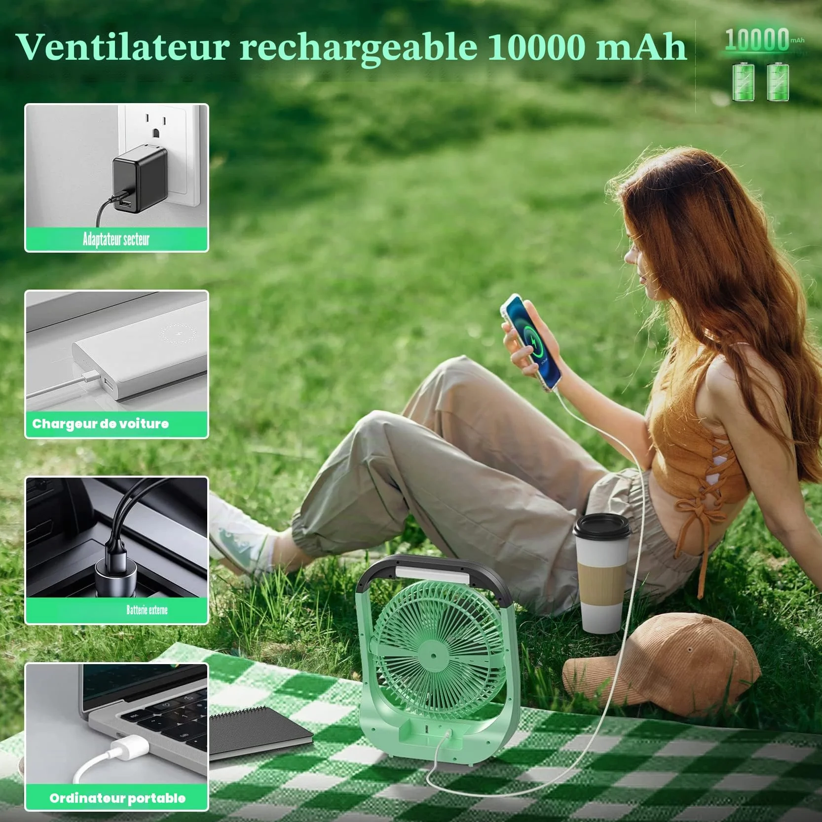 ATEngeus Ventilateur USB, 10000 mAh Rechargeable Batterie, 4 vitesses, Ventilateur de Camping 8", Pivotant à 180°, lumière LED, Minuterie, Ventilateur pour le camping, les voyages