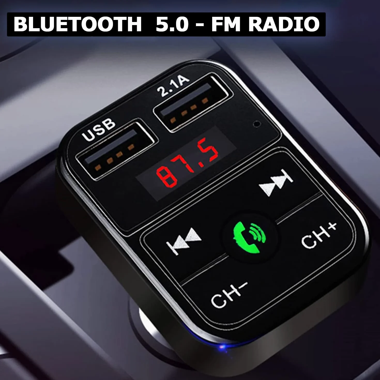NK Bluetooth FM Transmitter For Car & Truck (12/24V) - zestaw głośnomówiący, odtwarzacz muzyczny Bluetooth V5.0 + EDR, odbiornik FM, adapter radiowy,USB - szybkie ładowanie 2.1A i uchwyt na pamięć USB