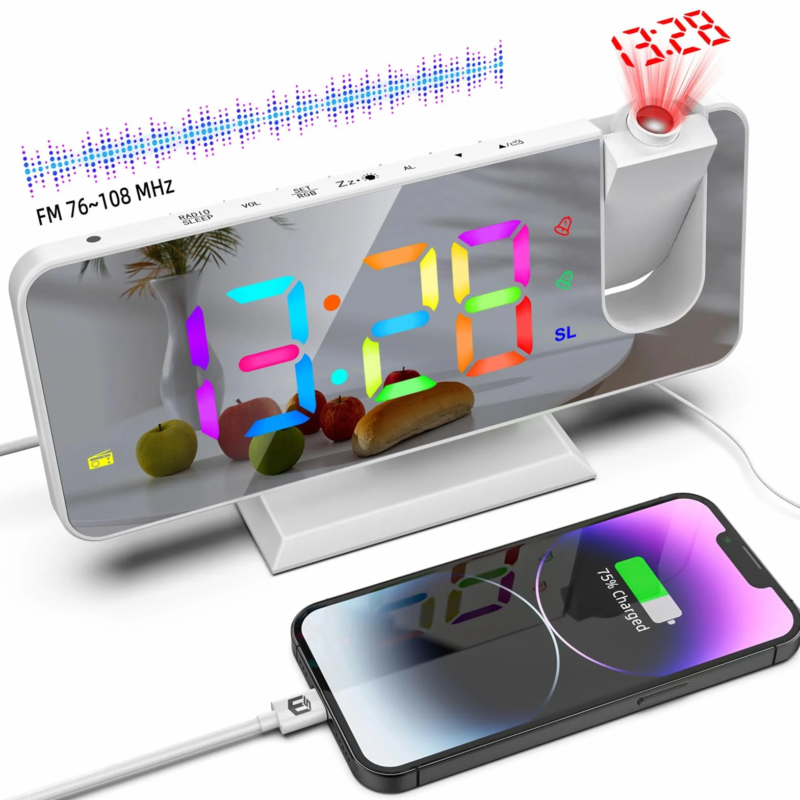 Réveil avec Projection Numérique RGB Horloge Colorée pour Chambre