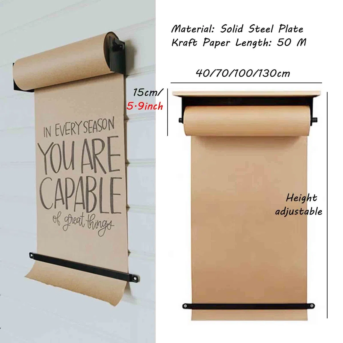 Distributeur Et Coupe-Papier Mural, Distributeur De Papier Kraft/Coupe-Papier d'emballage, pour La Maison, Le Bureau, Un Café Ou Une École, Papier Kraft, Largeur 70 Cm.