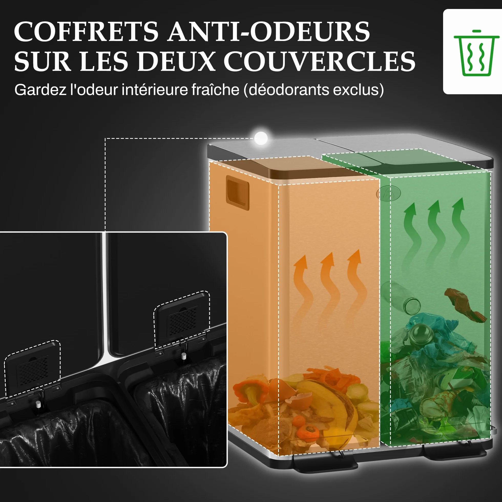 HOMCOM Poubelle à Double Compartiment 2x20L, Acier Inoxydable, Pédale, Couvercle Doux, Argent
