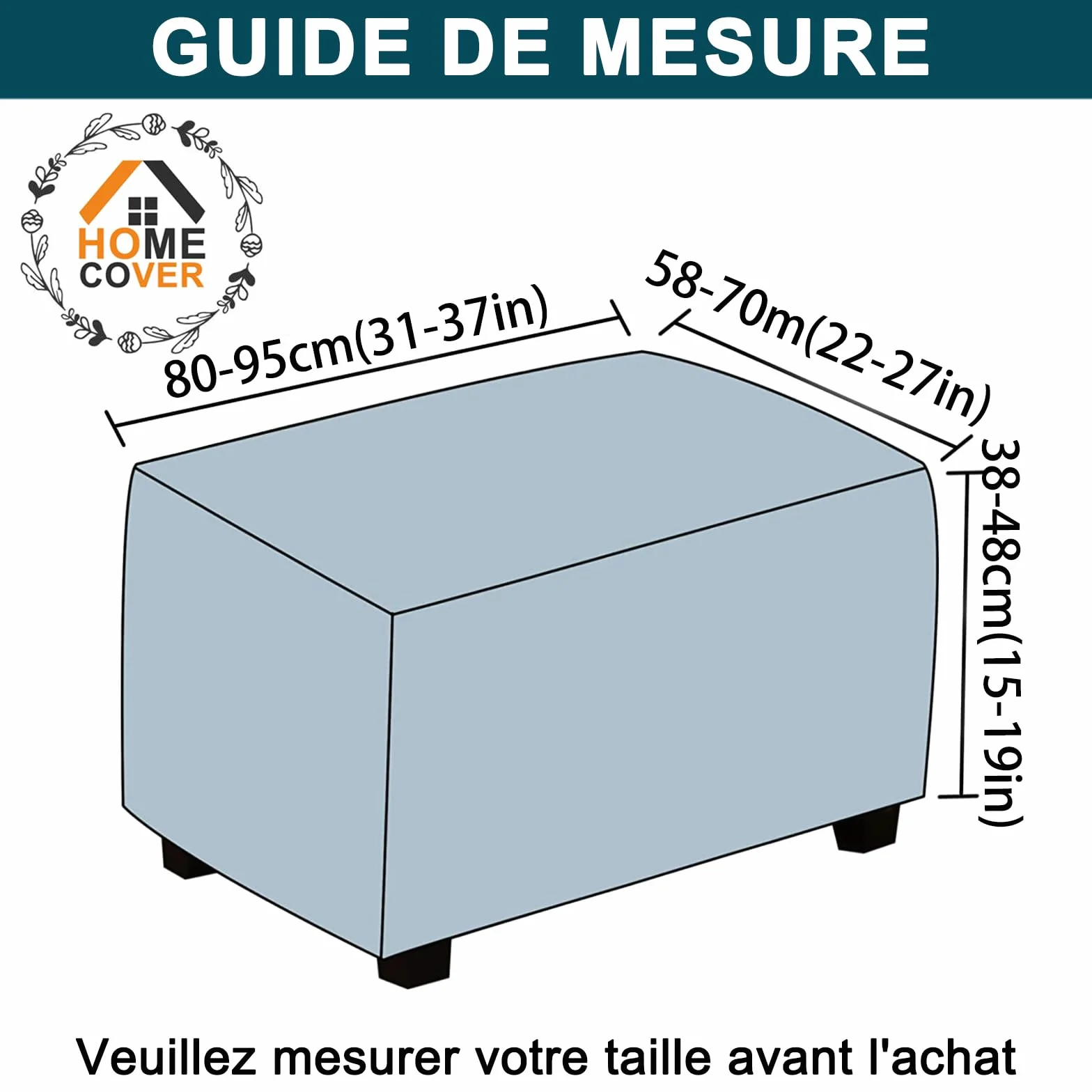 Housse Ottoman Rectangulaire Extensible Velours Repose-Pieds Amovible Antidérapant Blanc Crème