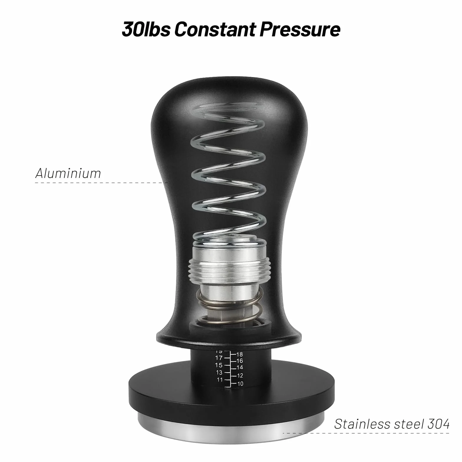 NOTSEK Tamper à café 54 mm, tampon à ressort calibré de 54 mm avec pression de contact de 13,6 kg, base ondulée en acier inoxydable 304 pour porte-filtre sauge, noir