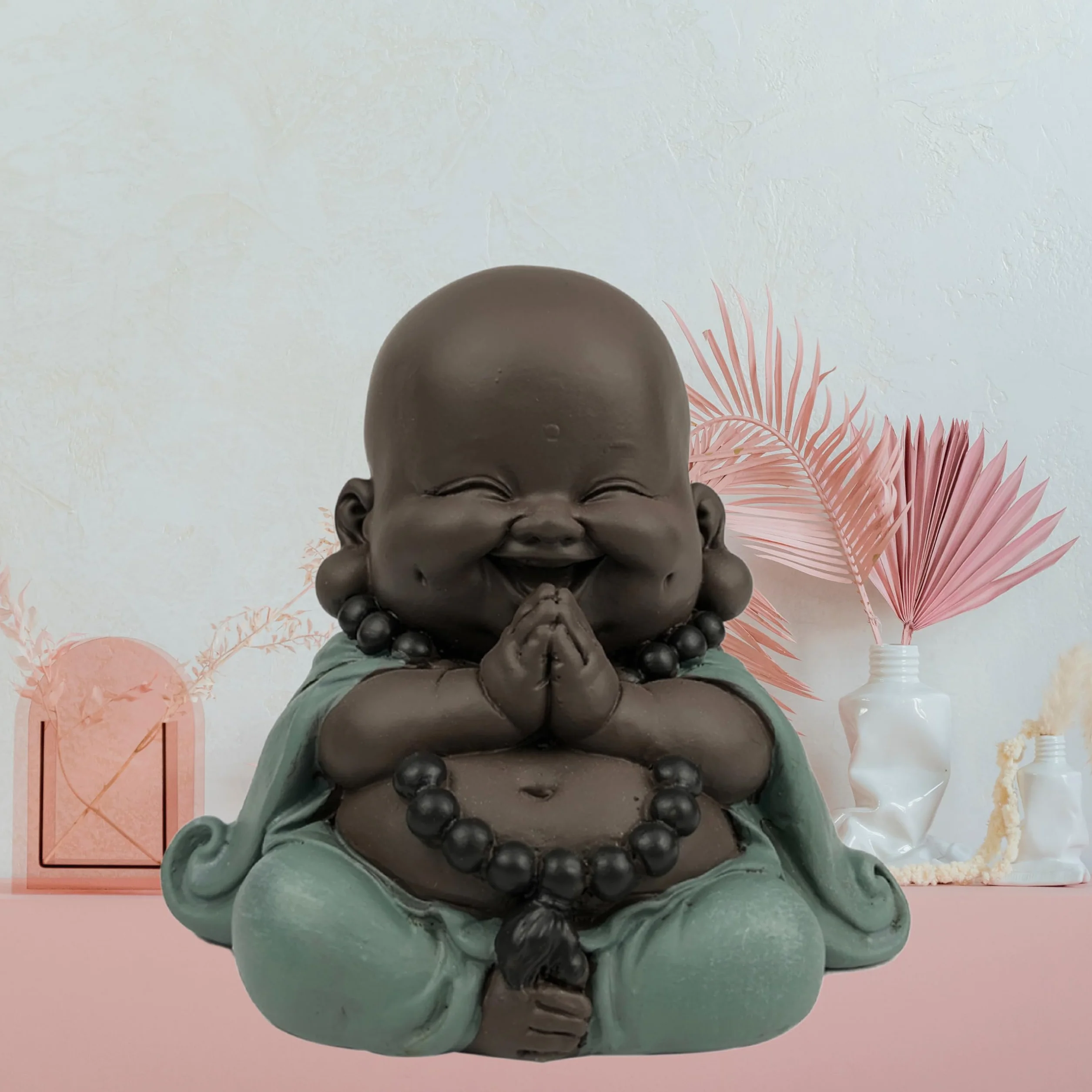 Statue Bouddha Rieur Porte Bonheur Décoration Feng Shui Zen 9cm Vert Marron Zen'Light