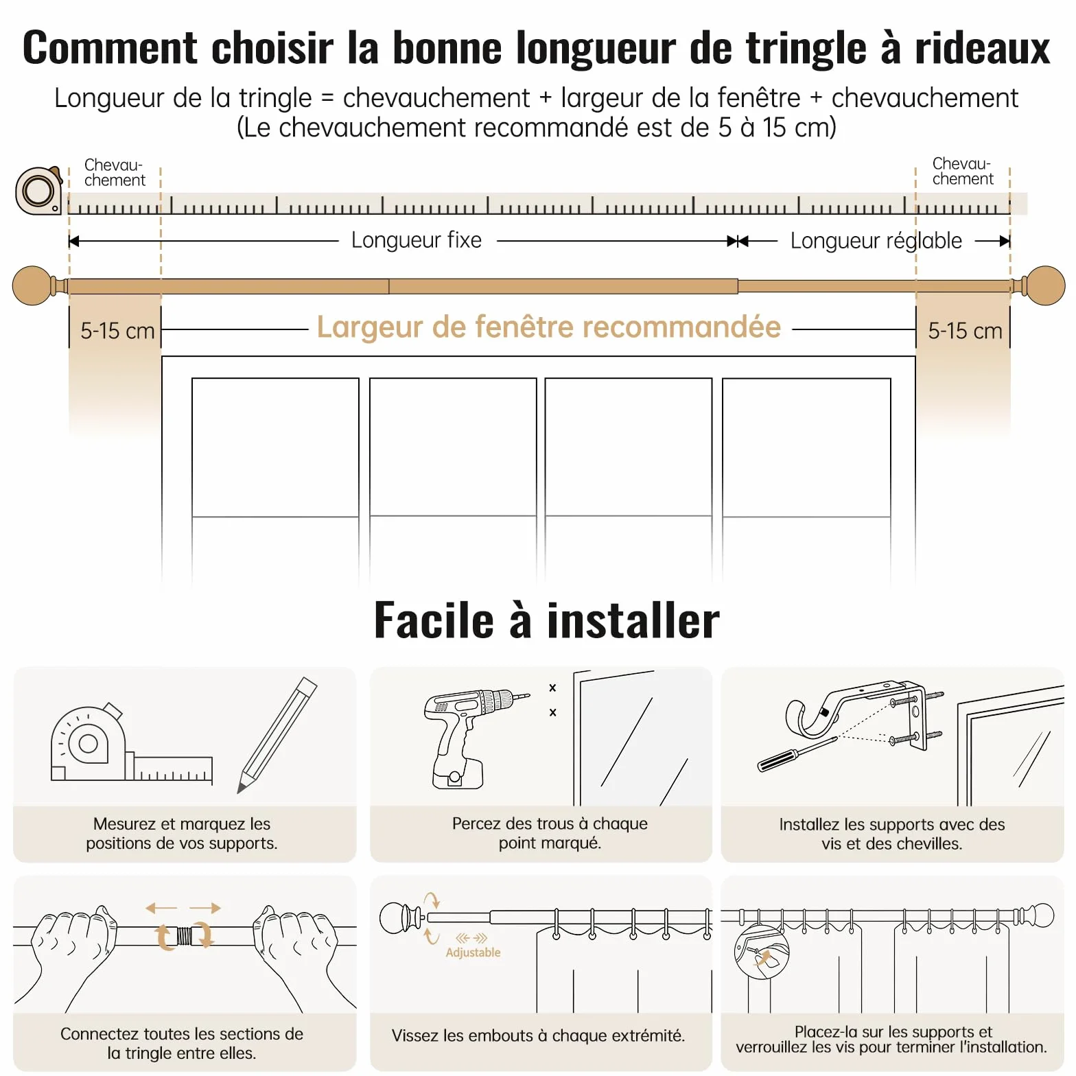 Tringle à rideaux en bois 76-219 cm 25 mm réglable motif imitation feuilles de céréales Brun