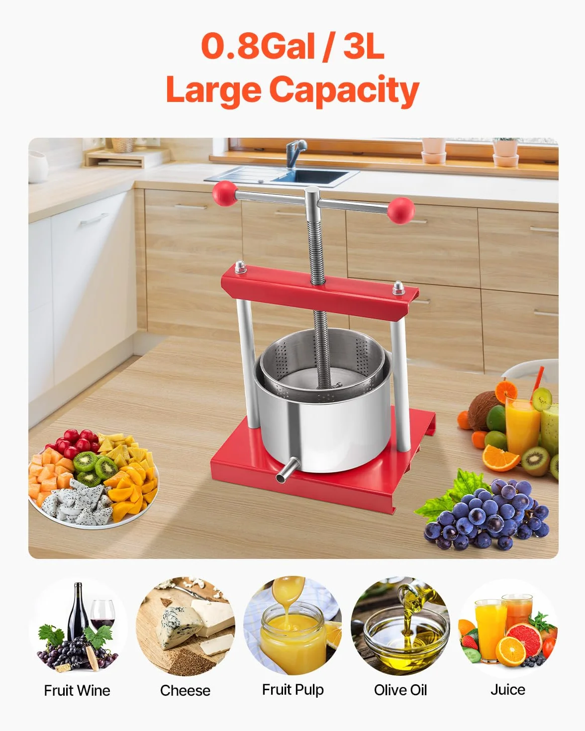 VEVOR Pressoir à Fruits Manuel Capacité 3 L, Presse à Vin avec 2 Barils en Acier Inoxydable, avec Poignée en T, Nettoyage Facile, Presse à Jus, Raisin, Cidre de Pomme pour la Cuisine et la Maison