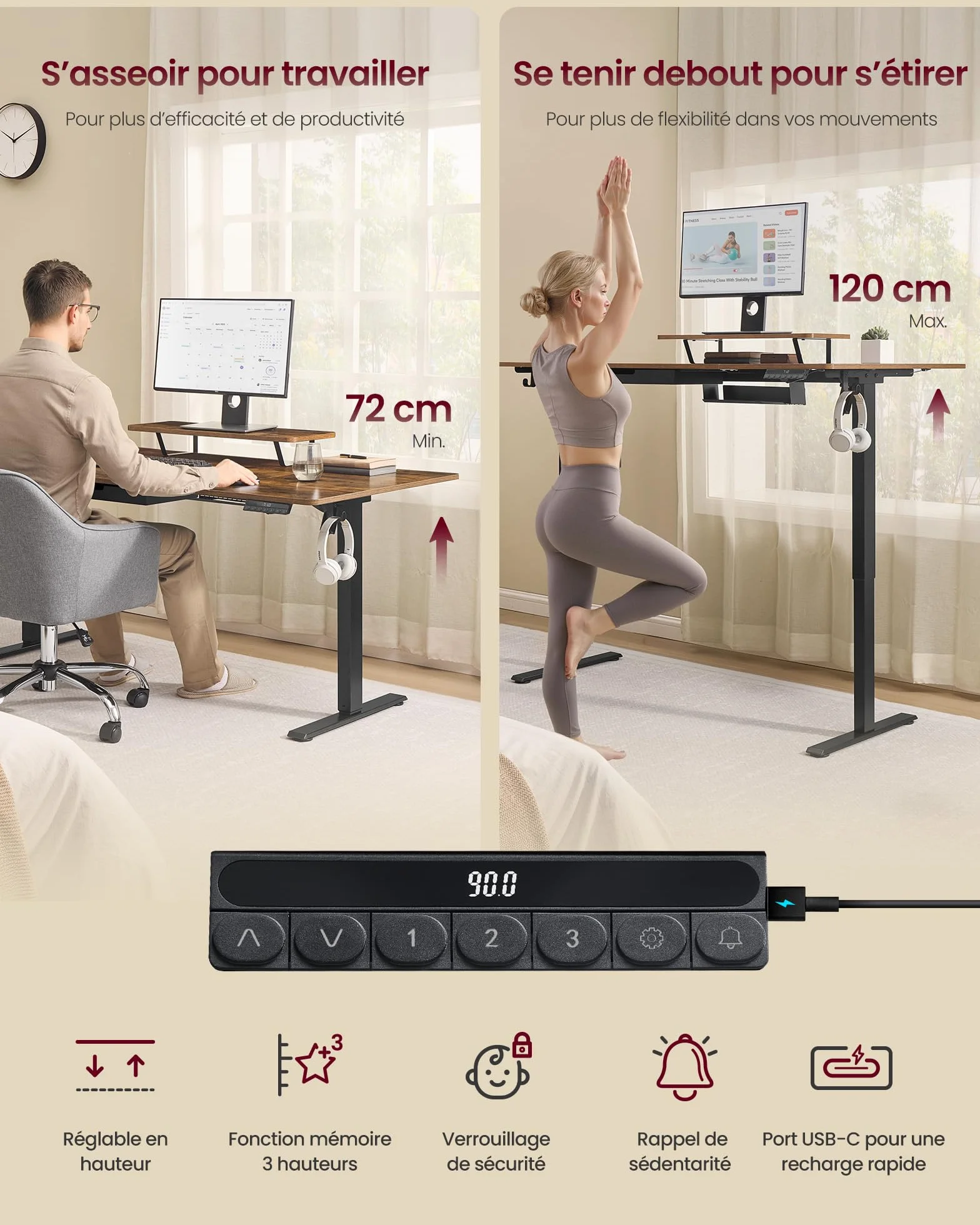 VASAGLE Bureau Électrique Réglable en Hauteur 140 x 70 cm Support d'Écran à Montage Flexible Tiroir Port USB-C Marron Rustique