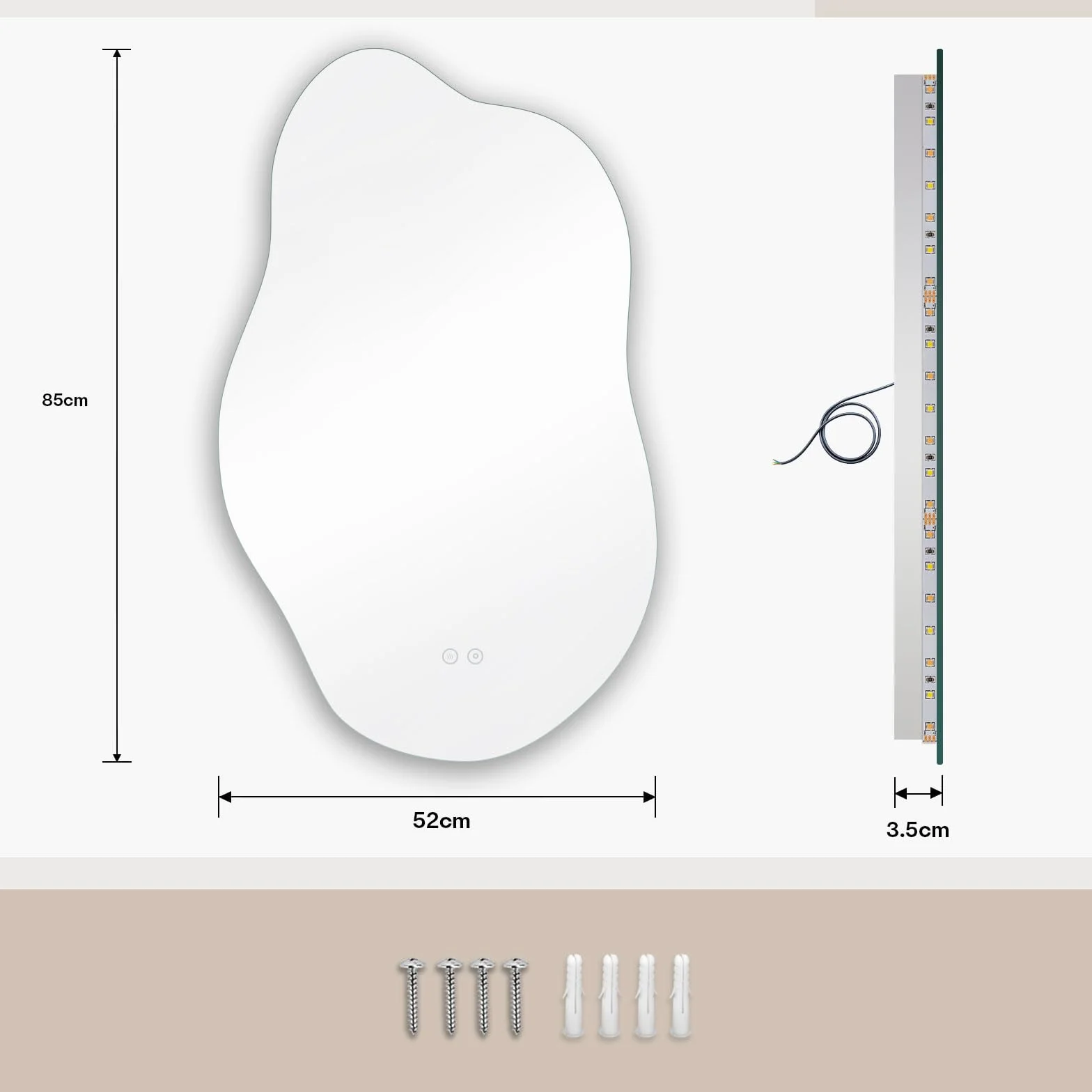 Dripex Miroir Salle de Bain 52 x 85cm, Miroir Asymétrique Salle de Bain avec éclairage LED, Interrupteur Tactile, Lumière Réglable 3 Couleurs, Anti-buée, Mémoire