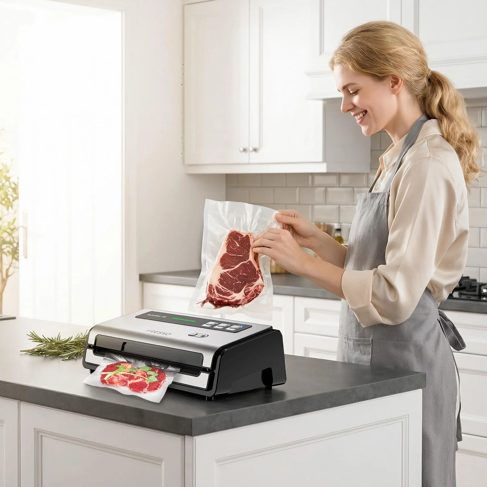 FRESKO Machine Sous Vide Alimentaire Automatique, Bandes chauffantes élargies, Coupe-sac Intégré et Rangement des Sacs, Mode Humide et Sec, Utilisation à une Main (Automax V6)