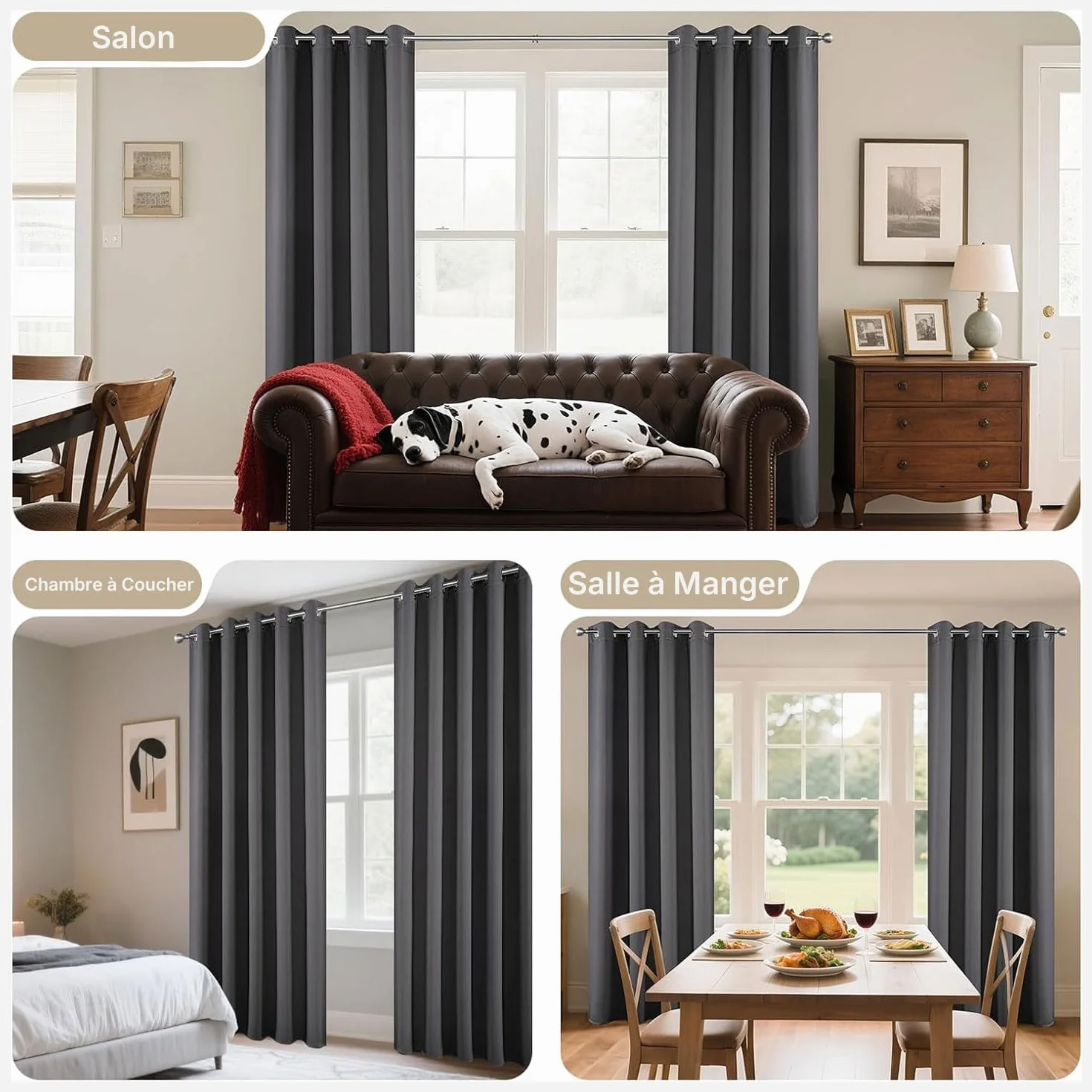 Joydeco Rideau Occultant 2 Pièces L 140 x H 145 Gris Foncé Anti Chaleur Anti UV Isolation Lumière