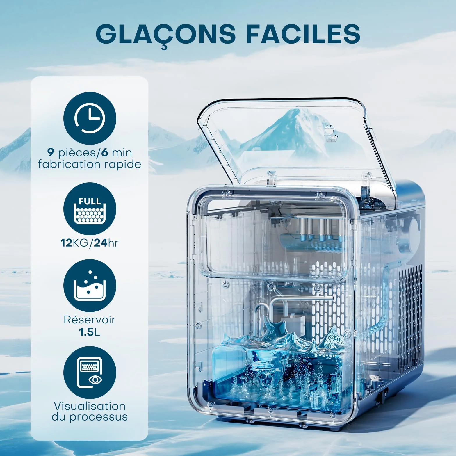 QEXREED Machine à Glaçons de Comptoir, 9 Glaçons en 6 Min, 12 KG/24H, Auto-nettoyante, Compacte