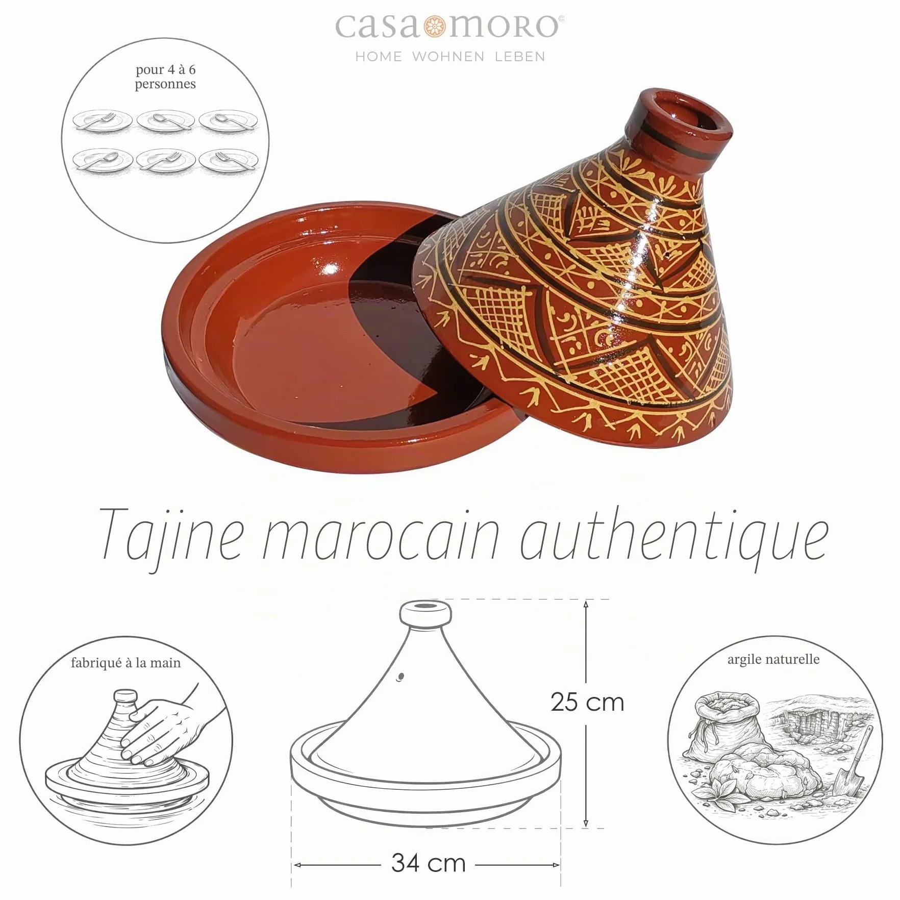 Casa Moro MT7071 Tajine Agadir marocain Ø 34 cm émaillé | Cuisiner jusqu'à 6 personnes | Qualité supérieure | Pot en argile de Marrakech