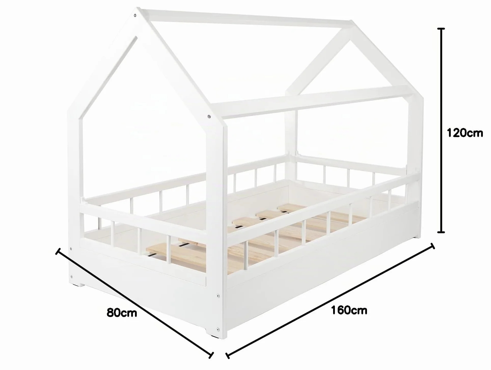 Velinda Lit Maison cabane 2 en 1 avec barreaux, Chambre d'enfant, Bois Naturel 160x80 cm (Couleur: Blanc)