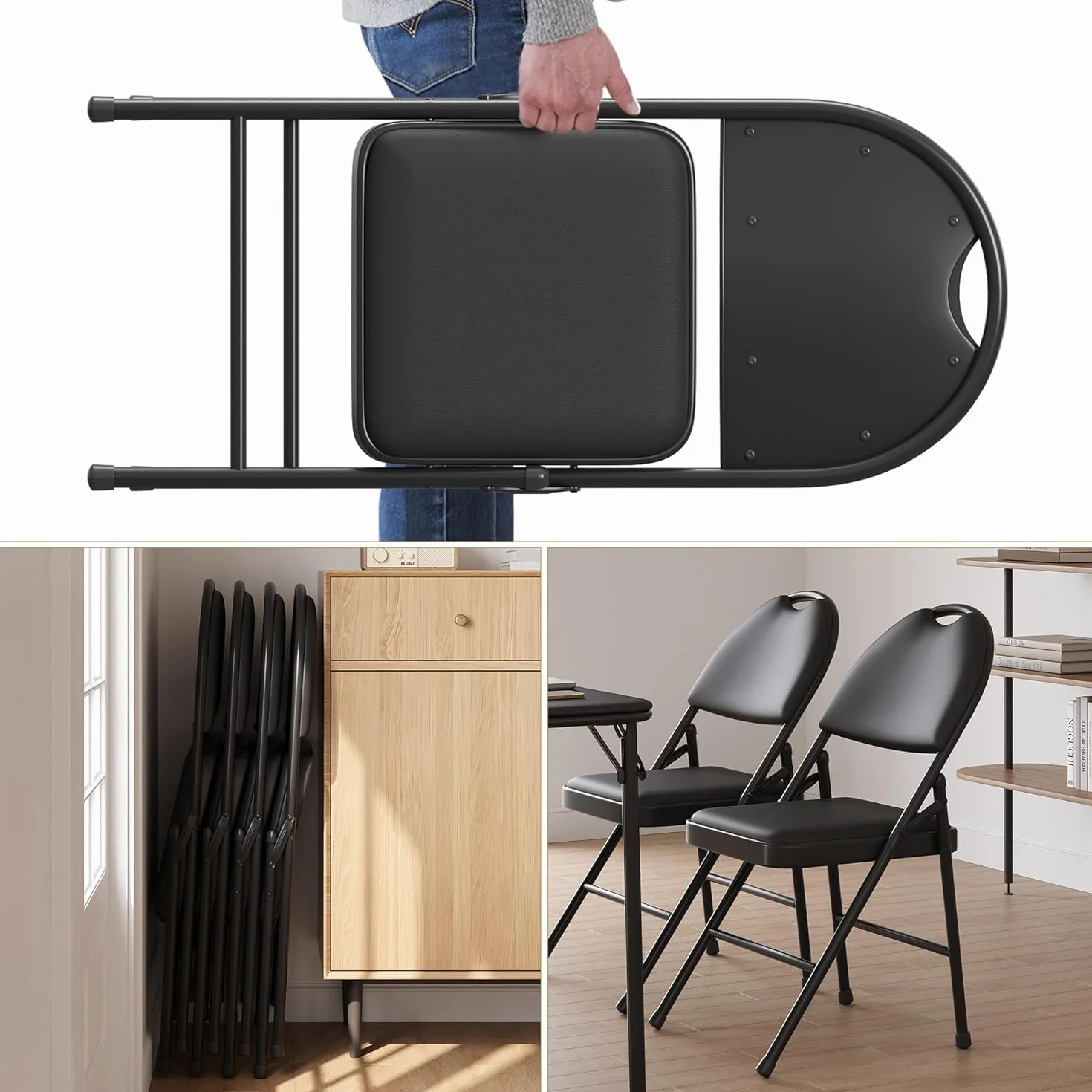 Lot de 4 Chaise pliante légère,Chaise jardin pliable avec rembourrée,Cadre Métal,jusqu'à 150Kg,exterieur/intérieur,Chauffeuse Empilable pour Camping,cuisine,plage,Bar,Salle à manger(88x50x47cm,Noir)