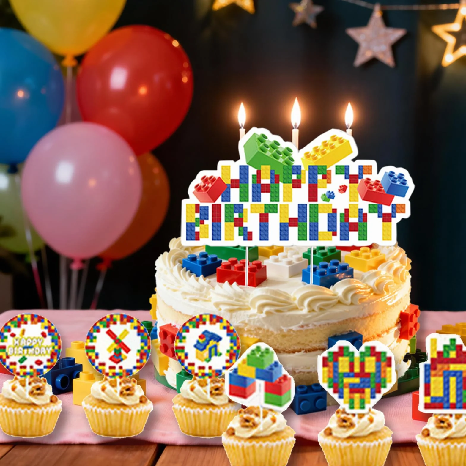 Guirlande Happy Birthday Briques de construction Décoration de fête suspendre Spirale Drapeau tirer Bannière