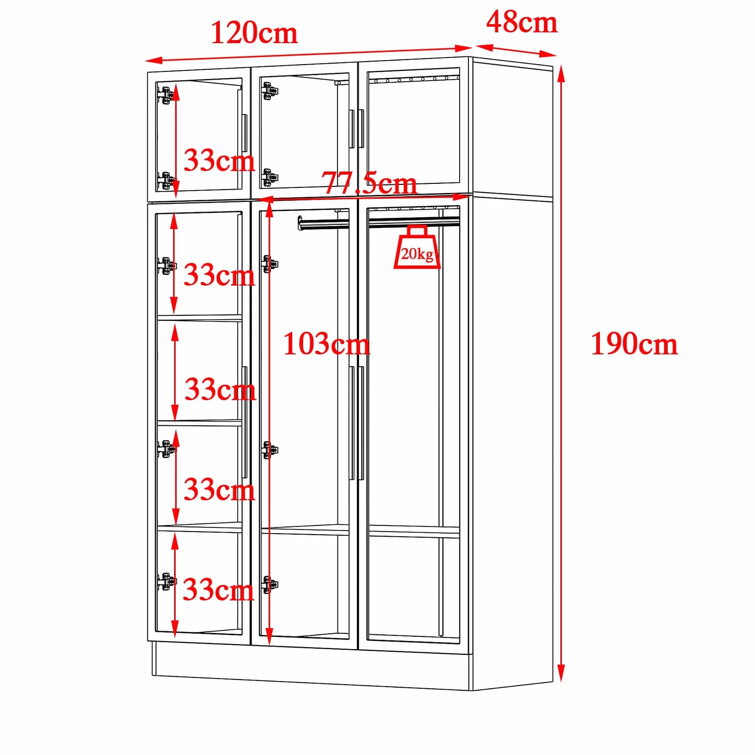 Armoire vitrée avec tringle à vêtements 190cm Vitrine avec 3 éclairages LED Armoire de rangement en verre trempé Vitrine en verre avec 6 portes 5 étagères cadre de porte en fer 120x48x190cm Noir