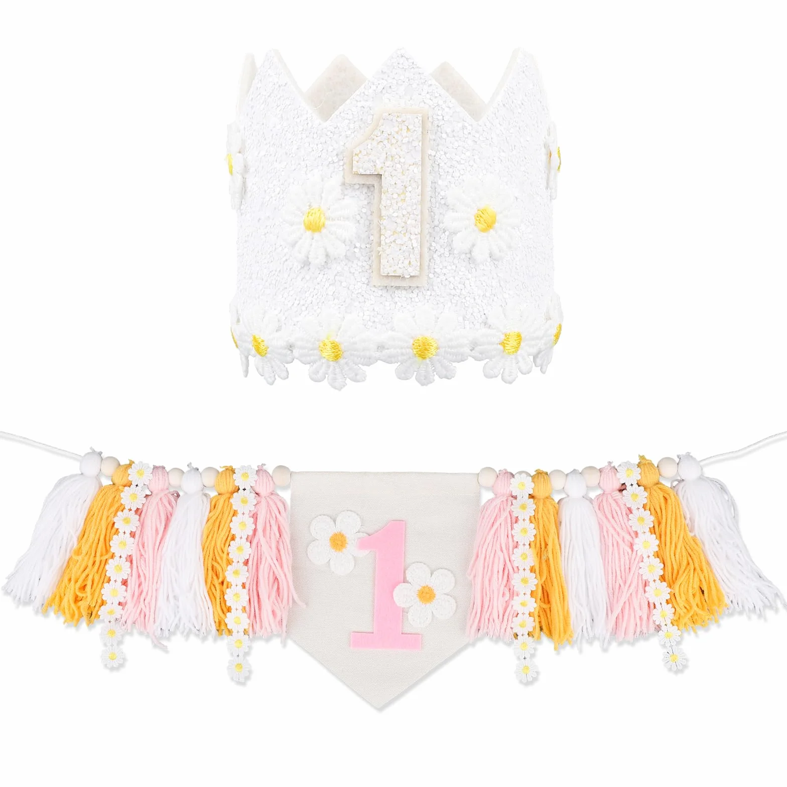 BOXOB Bannière de Chaise Haute Daisy 1er Anniversaire, Décorations Fille avec Chapeau Couronne et Marguerite