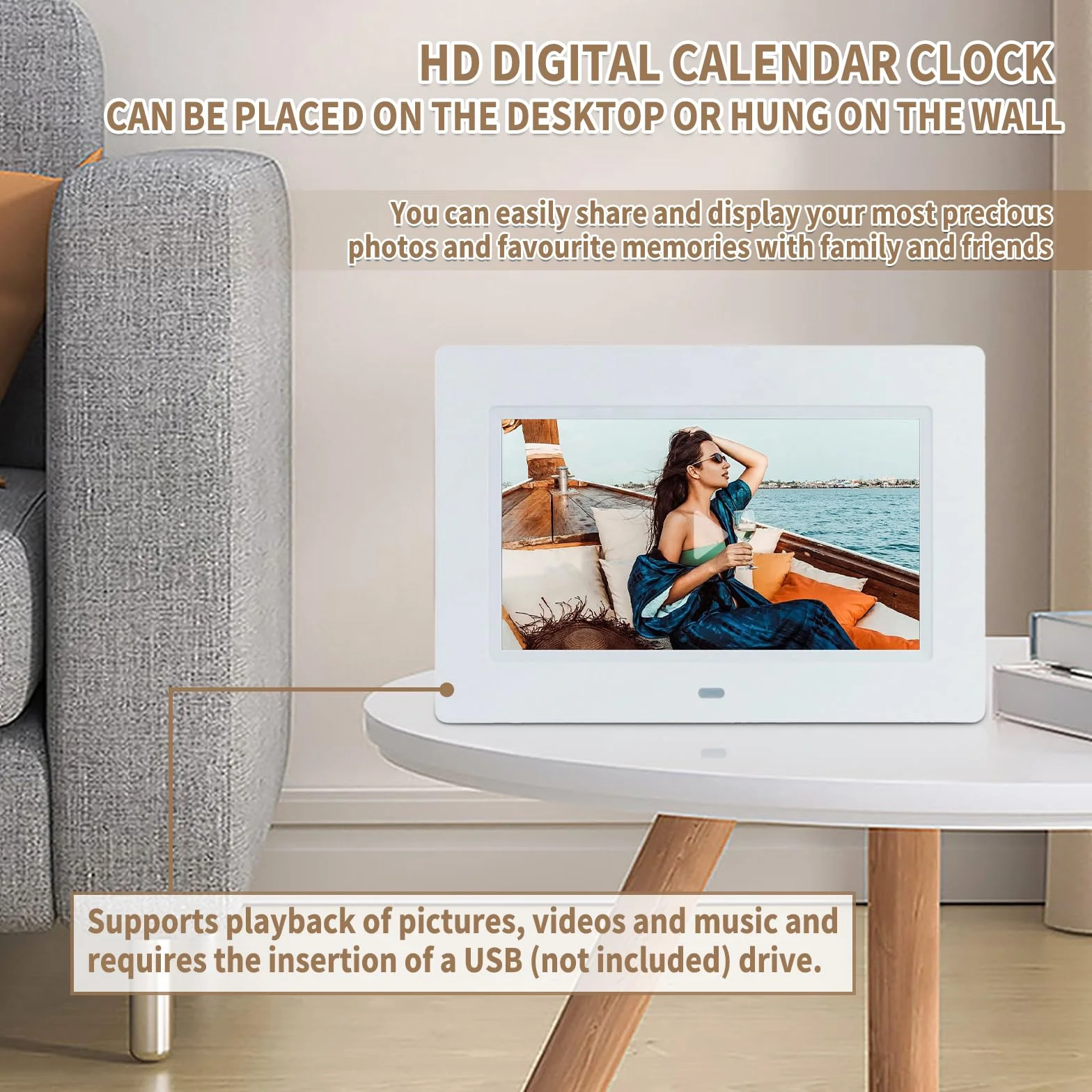 VHV 7 Pouces LCD Horloge Numérique Calendrier avec Date Jour Heure Auto Dimming 8 Langues HD Display Rappel Alzheimer Personnes Âgées Enfants Blanc