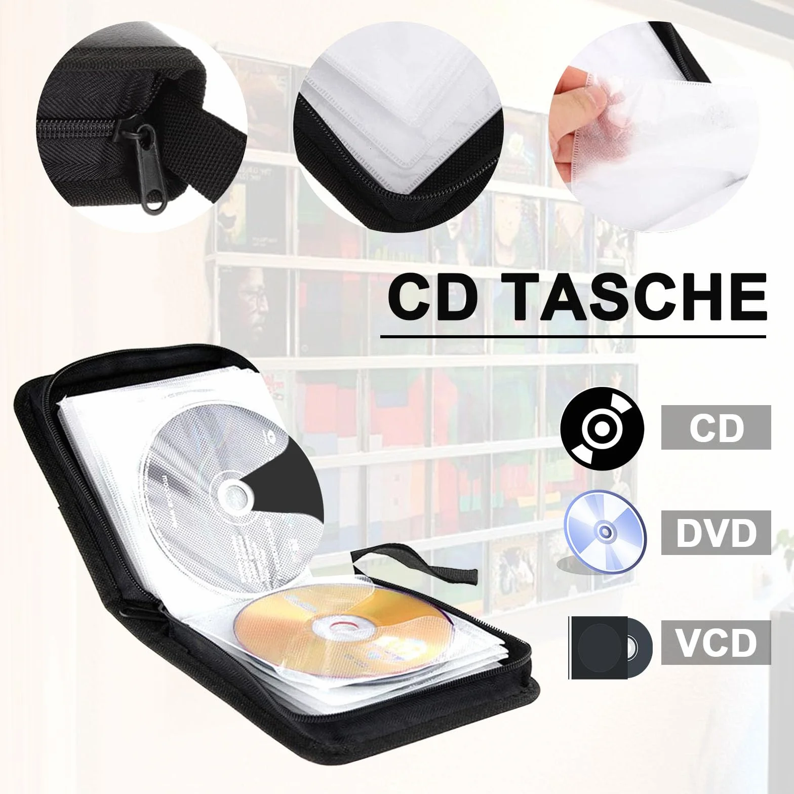 Sac de Rangement pour CD DVD 40 Disques Noir
