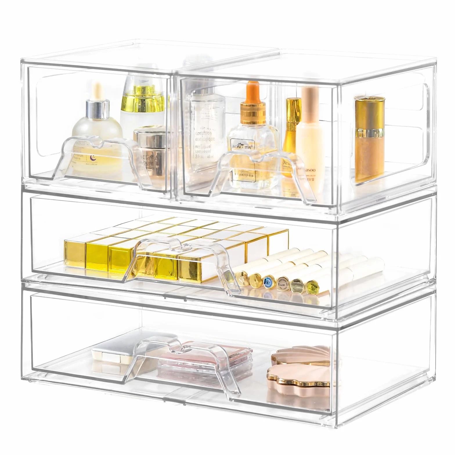 Lot de 4 Empilables Rangement Tiroir Organisateur Tiroir Salle de Bain en Acrylique Transparent Rangement Coiffeuse Organisateur,Idéal Pour La Organisateur Maquillage
