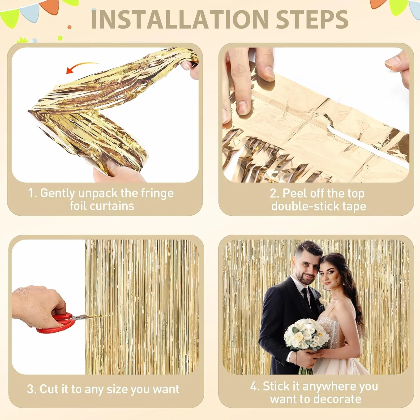 Lot de 2 rideaux à franges en aluminium à paillettes doré 1 x 2,5 m pour porte décoration fête anniversaire