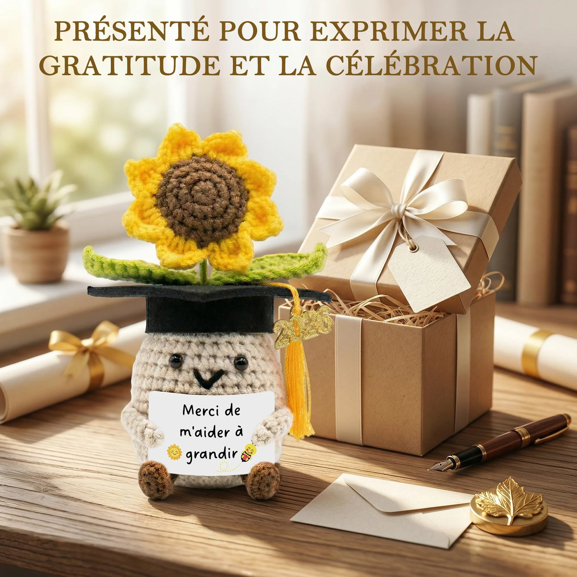 Cadeau Maîtresse d'École Fin d'Année - Tournesol au Crochet Fait Main - Idée Cadeau pour Retraite, Noël