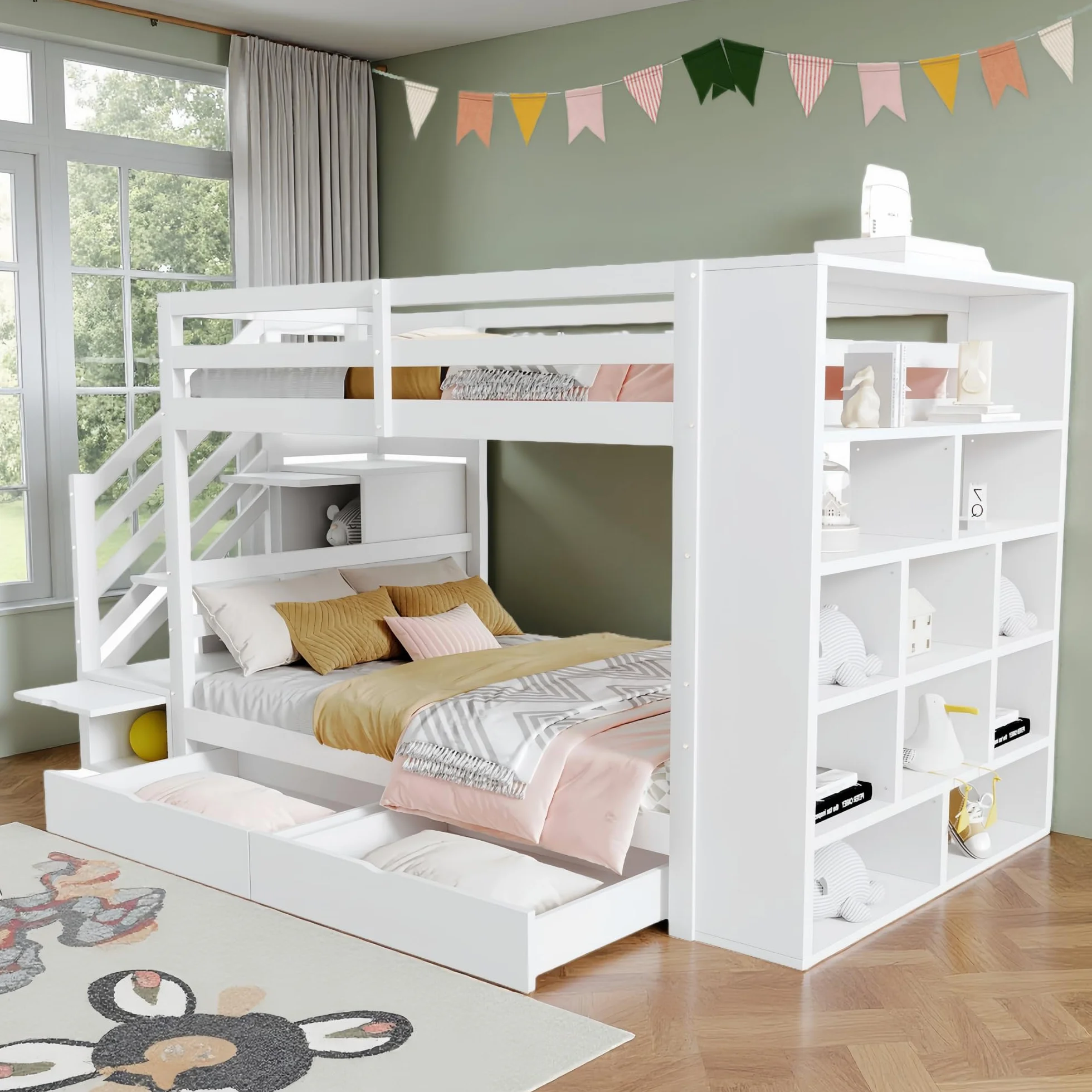 Sapgaks Lit superposé Enfant avec tiroirs et Grands casiers,Lit Enfant 90x200 cm avec échelle de Rangement,lit cabane Enfants avec clôture Haute,avec sommier à Lattes (C-Blanc)