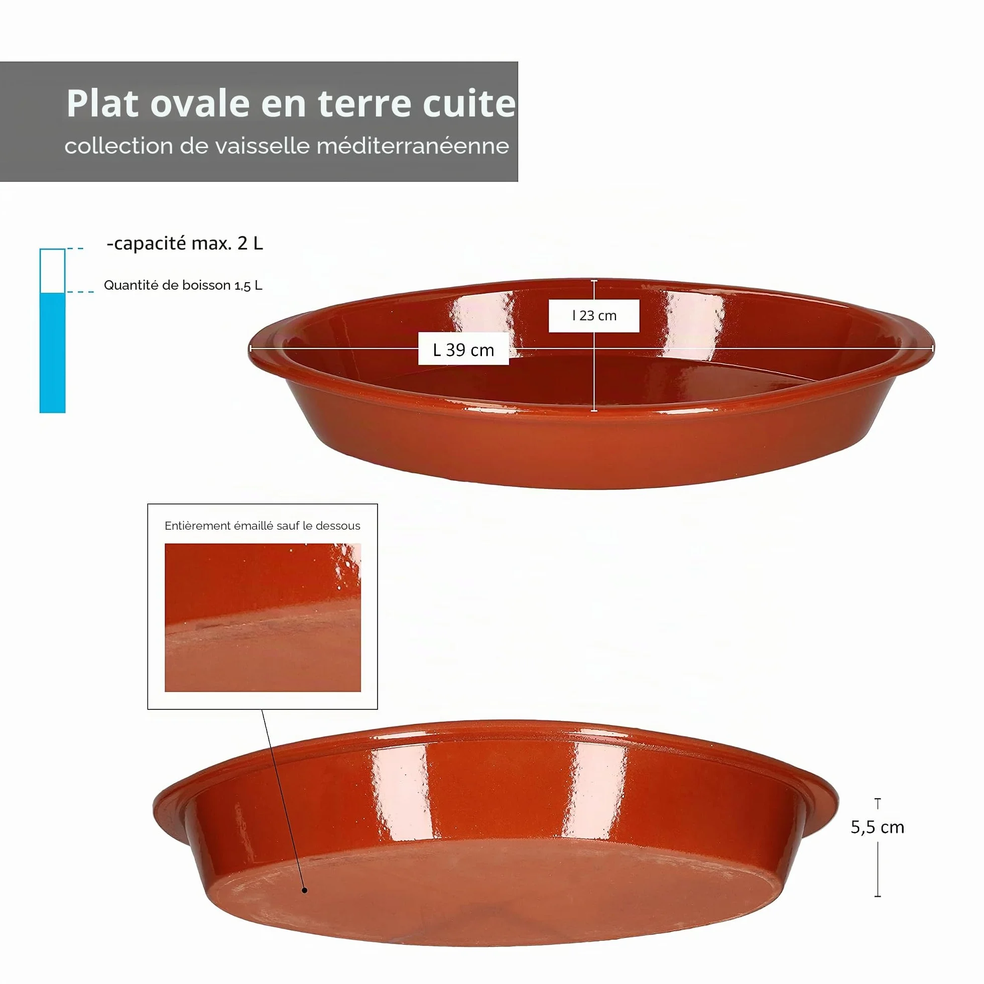 MamboCat Lot de 2 plats ovales en terre cuite 1,5 l (L x l x H) 39 x 23 x 5,5 cm Vaisselle méditerranéenne Plaque de four émaillée Plat à rôtir et à cuire Lasagne Fait main Marché médiéval
