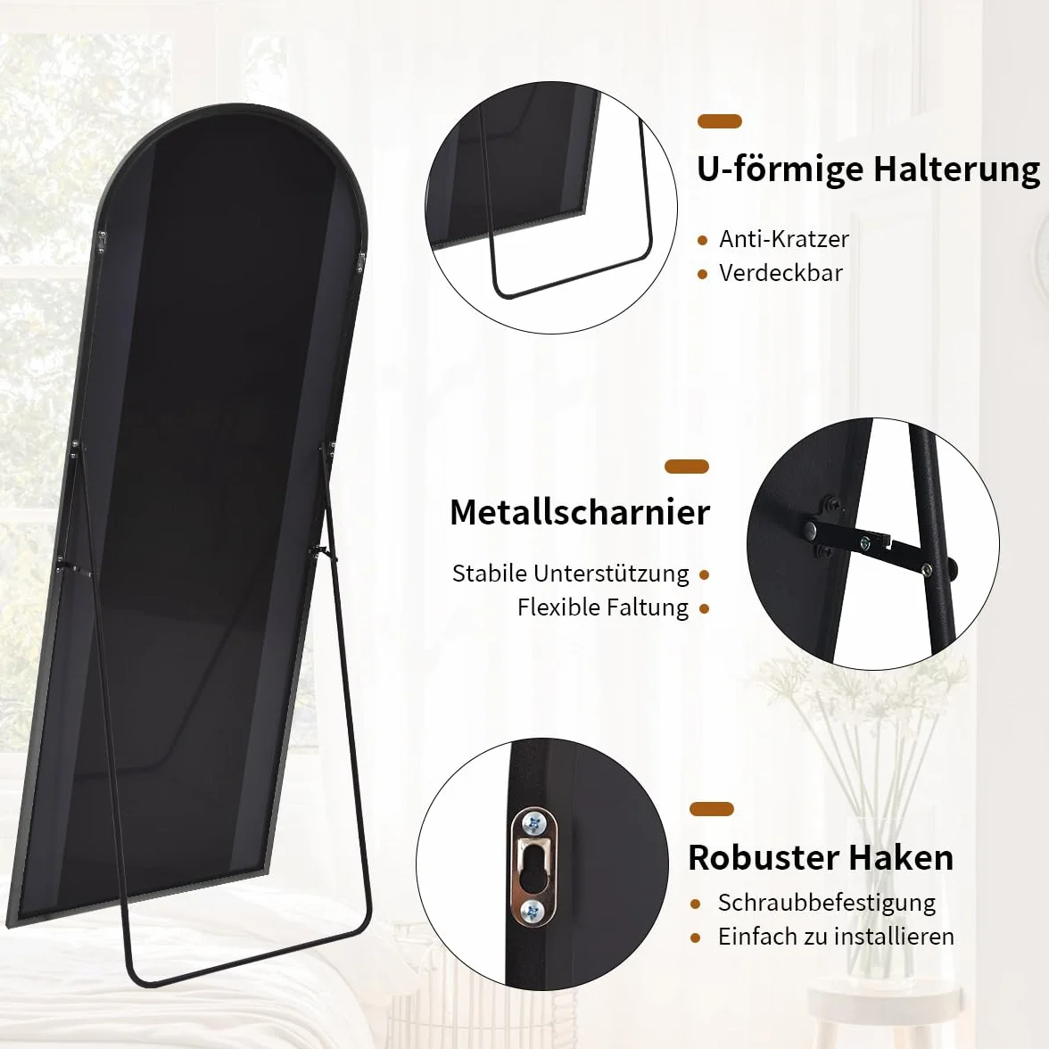 Grand miroir en arc 76 x 171 cm pleine longueur, miroir de sol inclinable, noir