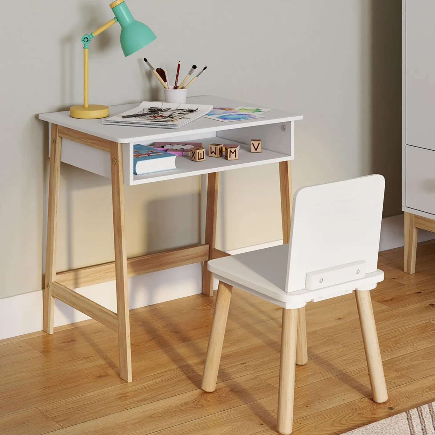 IDMarket - Ensemble Bureau Enfant Anatole avec Niche et 1 Chaise Blanc et Bois