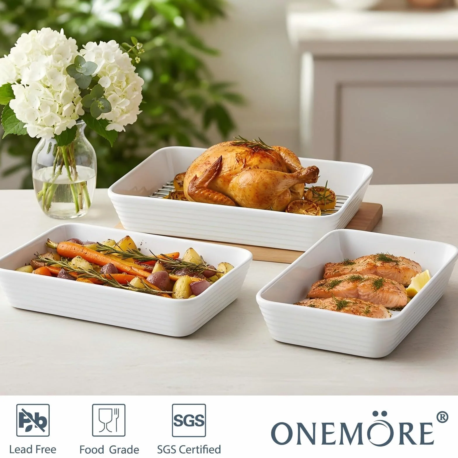 ONEMORE Set de 3 Plats à Four en Céramique avec Support | Formes Rectangulaires pour Lasagne, Tiramisu, Gratins et Préparation de Pâtisseries | 3 Tailles Incluses : 2,8 L, 2 L et 1,2 L