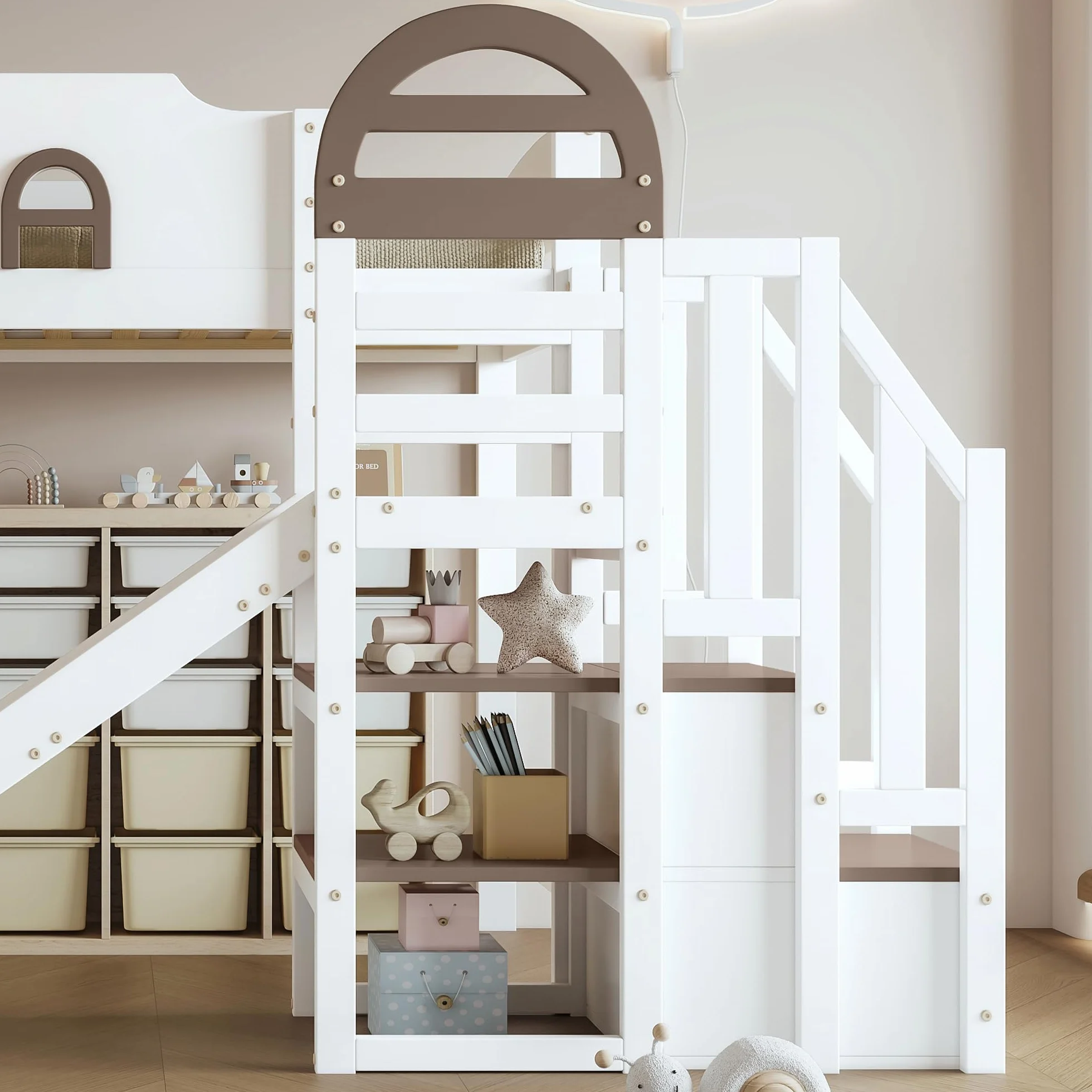 Zepneiy Lit Enfant 90x200 avec Toboggan et Rampe, Lit Superposé Enfant avec 2 casiers dans l'escalier et fenêtre, Pin et MDF Blanc (sans Matelas)