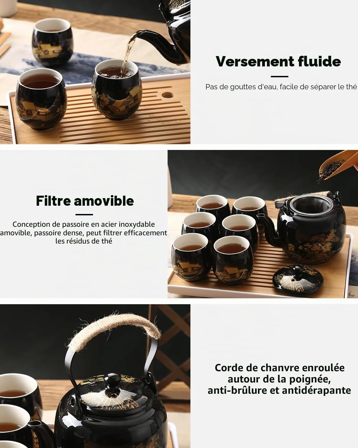 DUJUST Magnifique Service à Thé Japonais, en Porcelaine Noire avec 1 Théière, 6 Tasses, 1 Plateau, 1 Infuseur, Asiatique pour Amateur de Thé (Campagne Dorée)