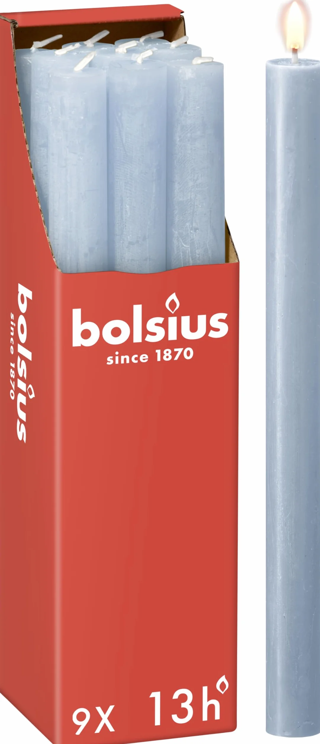 Bolsius Rustik Bougies à Tige Bleu Lot de 9 13 Heures Sans Parfum Cire Végétale 27 x 2,3 cm