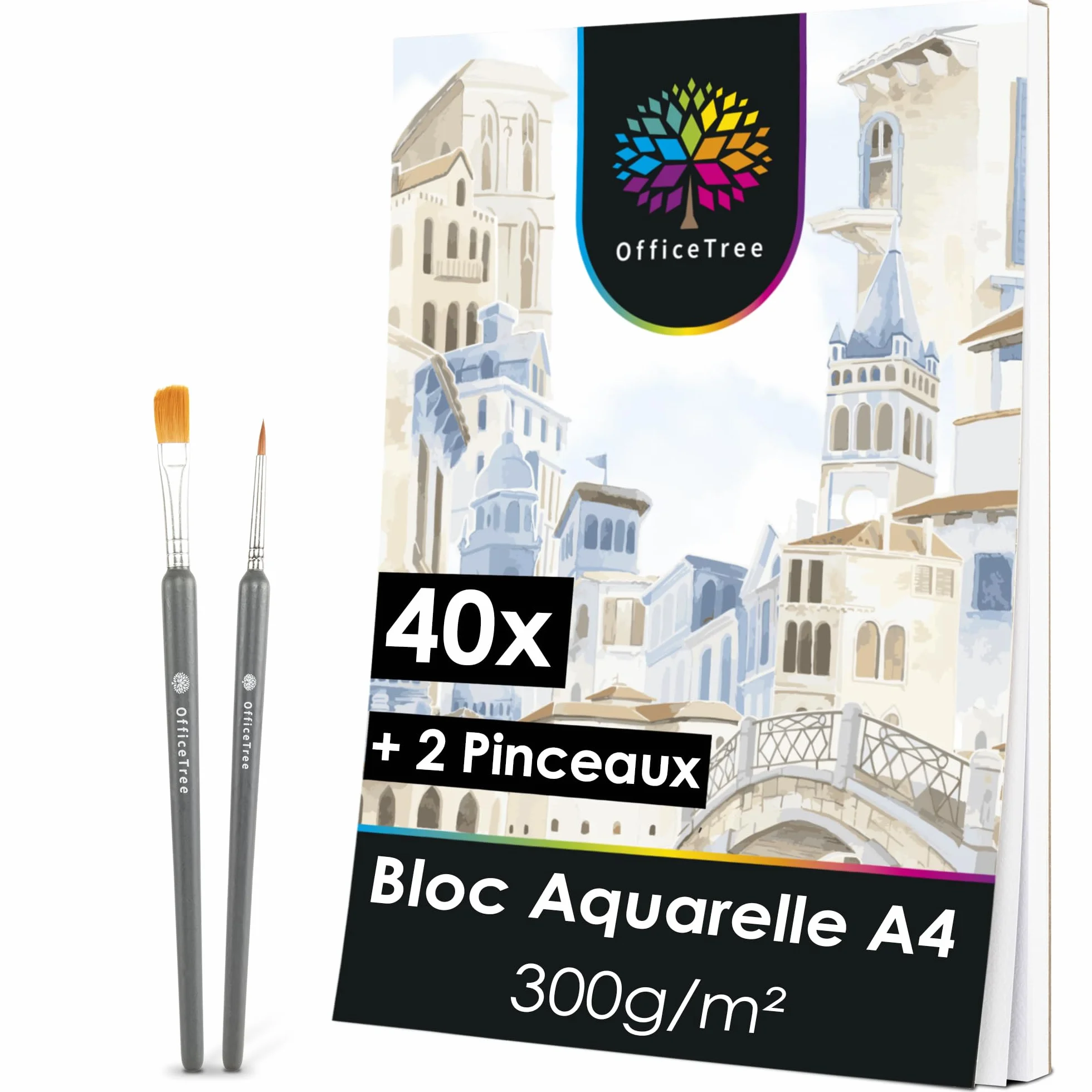 OfficeTree Papier Aquarelle A4 300g Bloc 40 Feuilles - Papier Dessin Blanc - Avec 2 Pinceaux