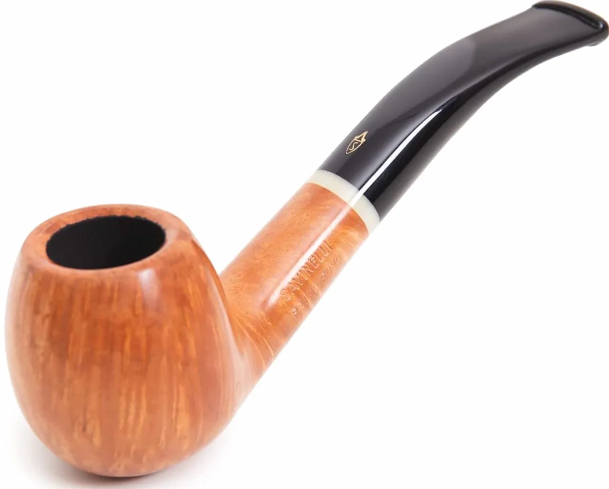 Pipe à Tabac Savinelli Primo Fumo modèle 626 trou 6mm, finition lisse naturelle en bois de bruyère, anneau chiné, complète avec étui en velours Savinelli