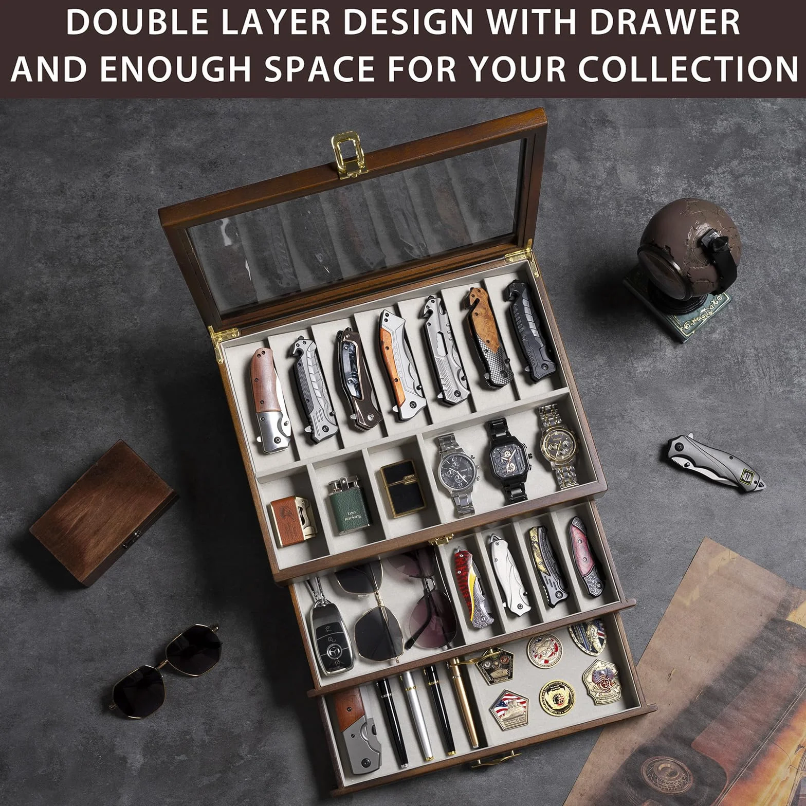 3 Étages Coffret Poignard, Bois Boîte Présentation Poignard pour 30 à 36 Couteaux de Poche, Grande Vitrine à Couteaux avec Vitre Supérieure en Verre Véritable, pour Collection, Cadeau (Noyer)