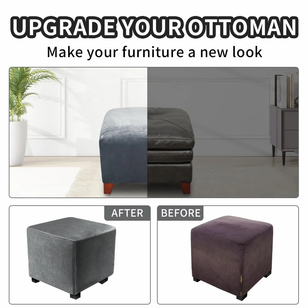 Housse Ottomane Extensible Rectangulaire Velours avec Fond élastique Gris 33-46 cm 38-46 cm