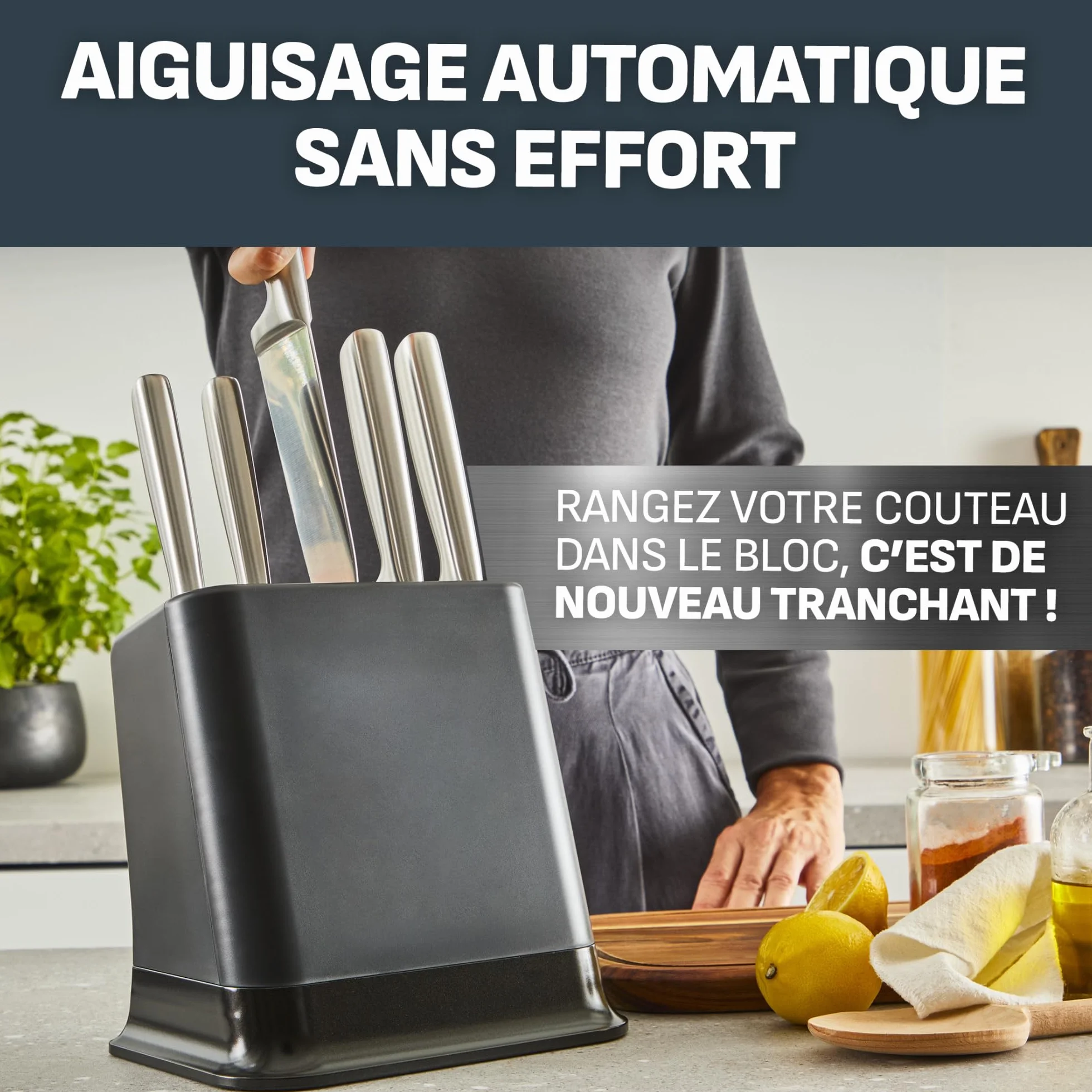 Tefal EverSharp, Set de 5 couteaux en acier inoxydable, Bloc avec affûteur intégré, 5 couteaux, Tranchant durable, K2976S04