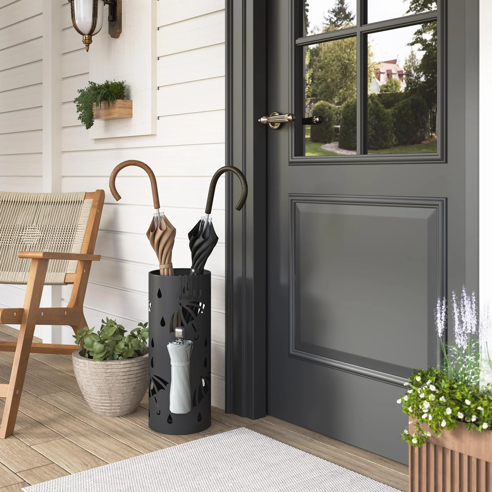 WOLTU Porte-Parapluie en Fer avec Bac d'Eau et Crochets 20x49 cm Anthracite SST01an