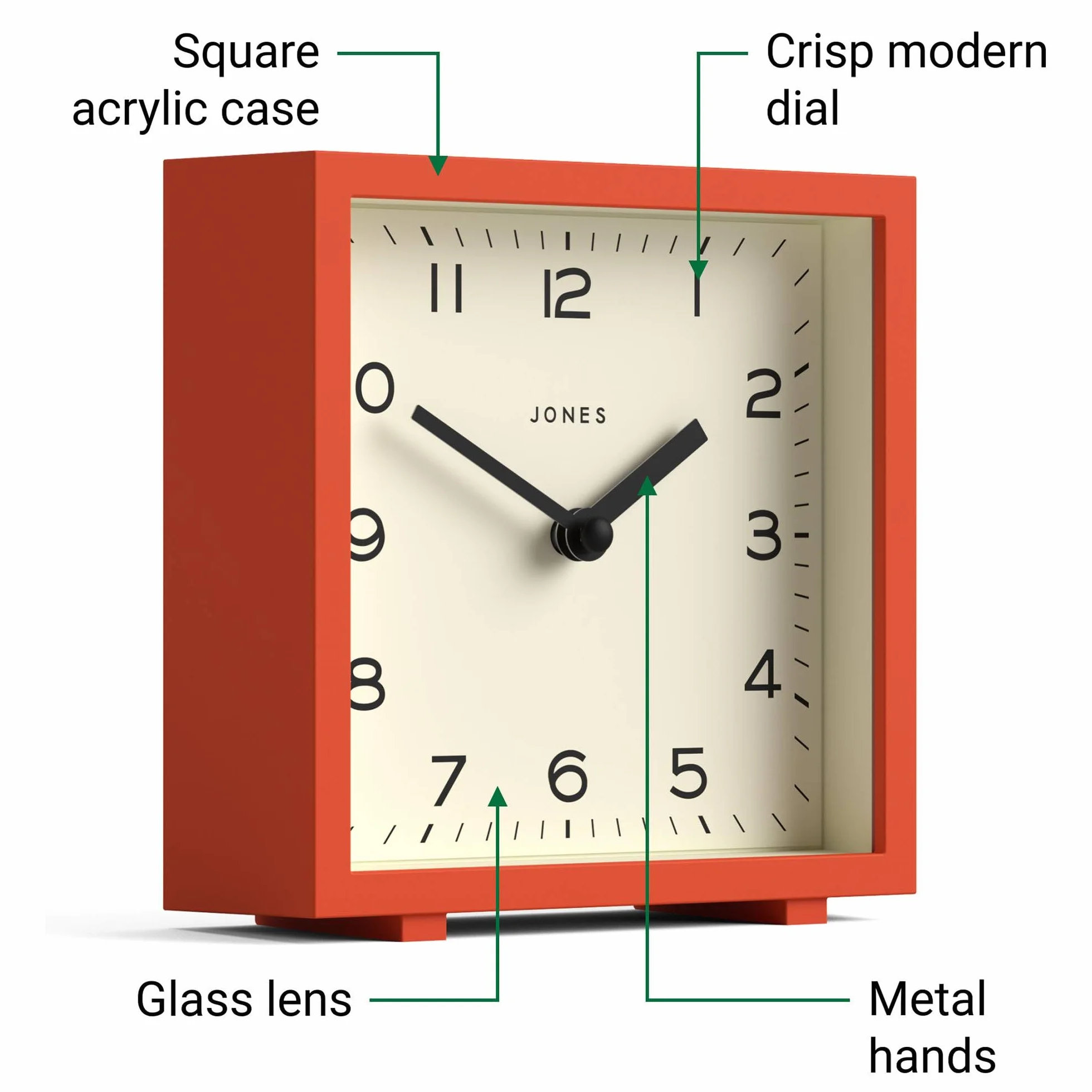 JONES CLOCKS® Disco Horloge de Bureau | Motif carré élégant | Orange | Stylé et Facile à Lire pour l’étagère, la Table, la cheminée ou la Table de Chevet