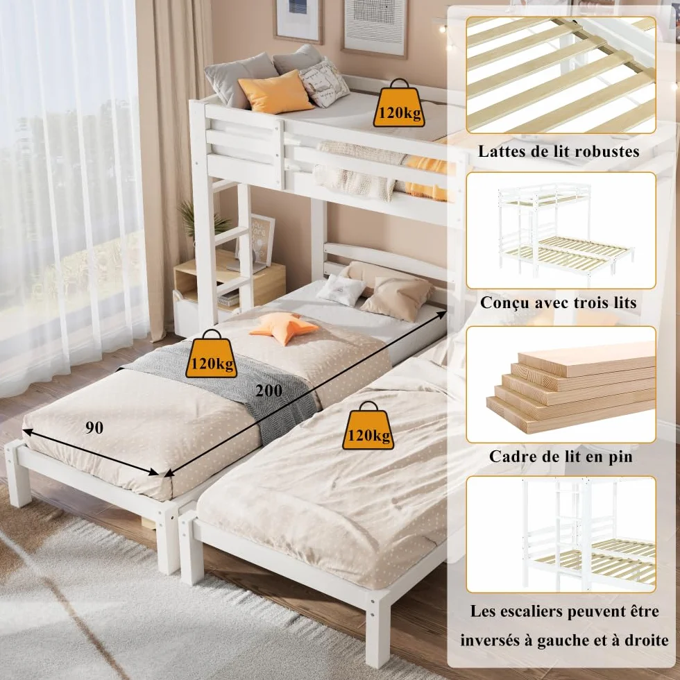 Sapgaks Lit superposé 3 Places 90x200cm,lit Mezzanine 3 Places,lit Enfant avec Barriere lit Double Enfant,Mezzanine escalier,avec échelle latérale,pour Enfants et Adolescents, Blanc