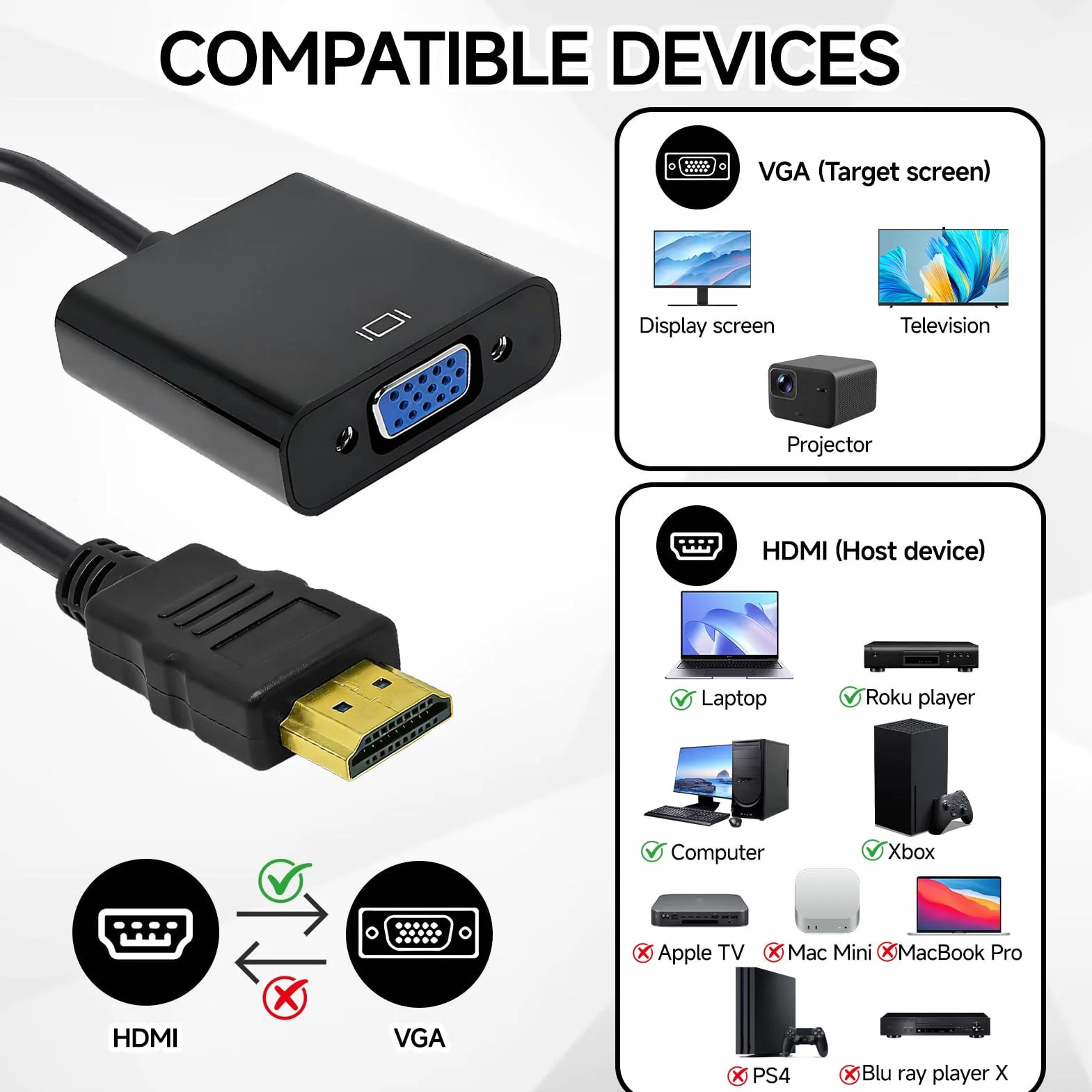 Solisara Adaptateur HDMI vers VGA avec Audio et Alimentation, Convertisseur HDMI VGA 1080P