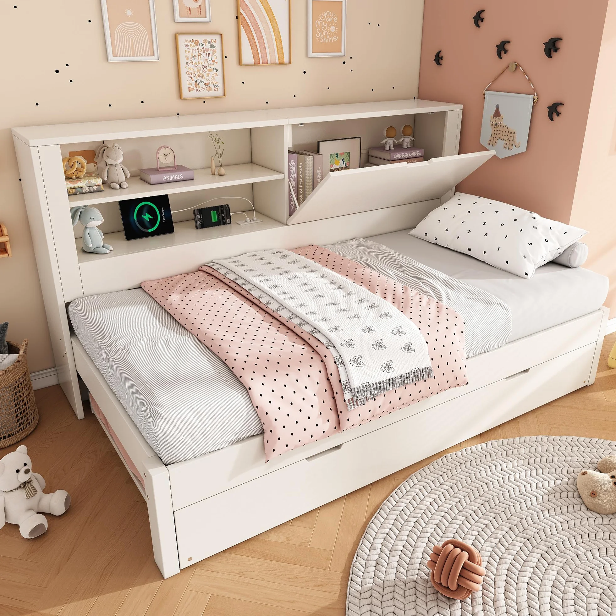 Zepneiy Lit 90x200 avec gigogne 90x190, Canapé lit avec Panneau arrière de Rangement et Compartiment Ouvert, Lit Enfant avec Station de Charge USB-C et sommier à Lattes, Blanc(sans Matelas)