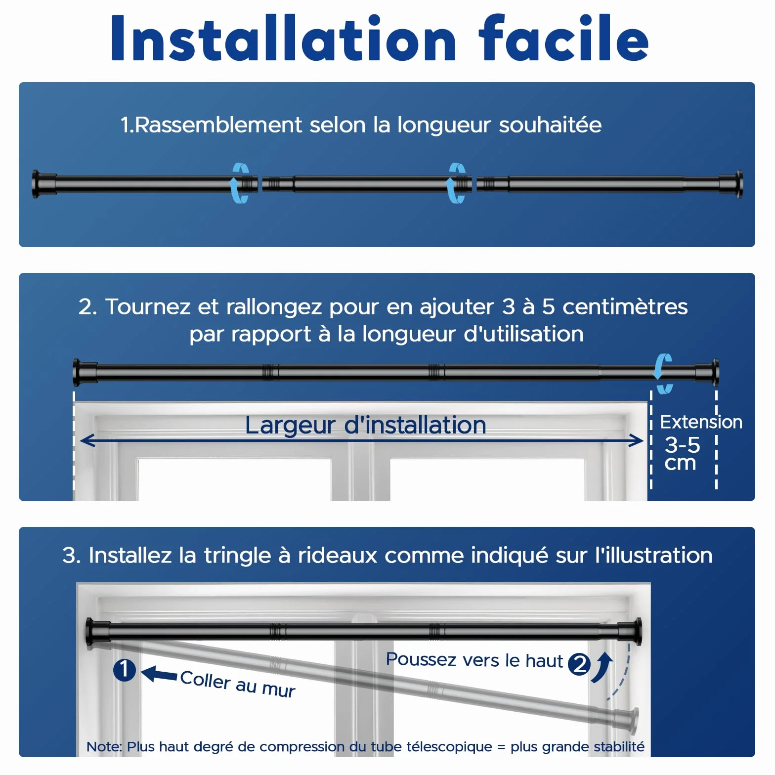 Tringle Rideau Sans Percage Extensible 71-160 cm Diamètre 25 mm Inox Noir pour Salle de Bain Fenêtre Porte Penderie