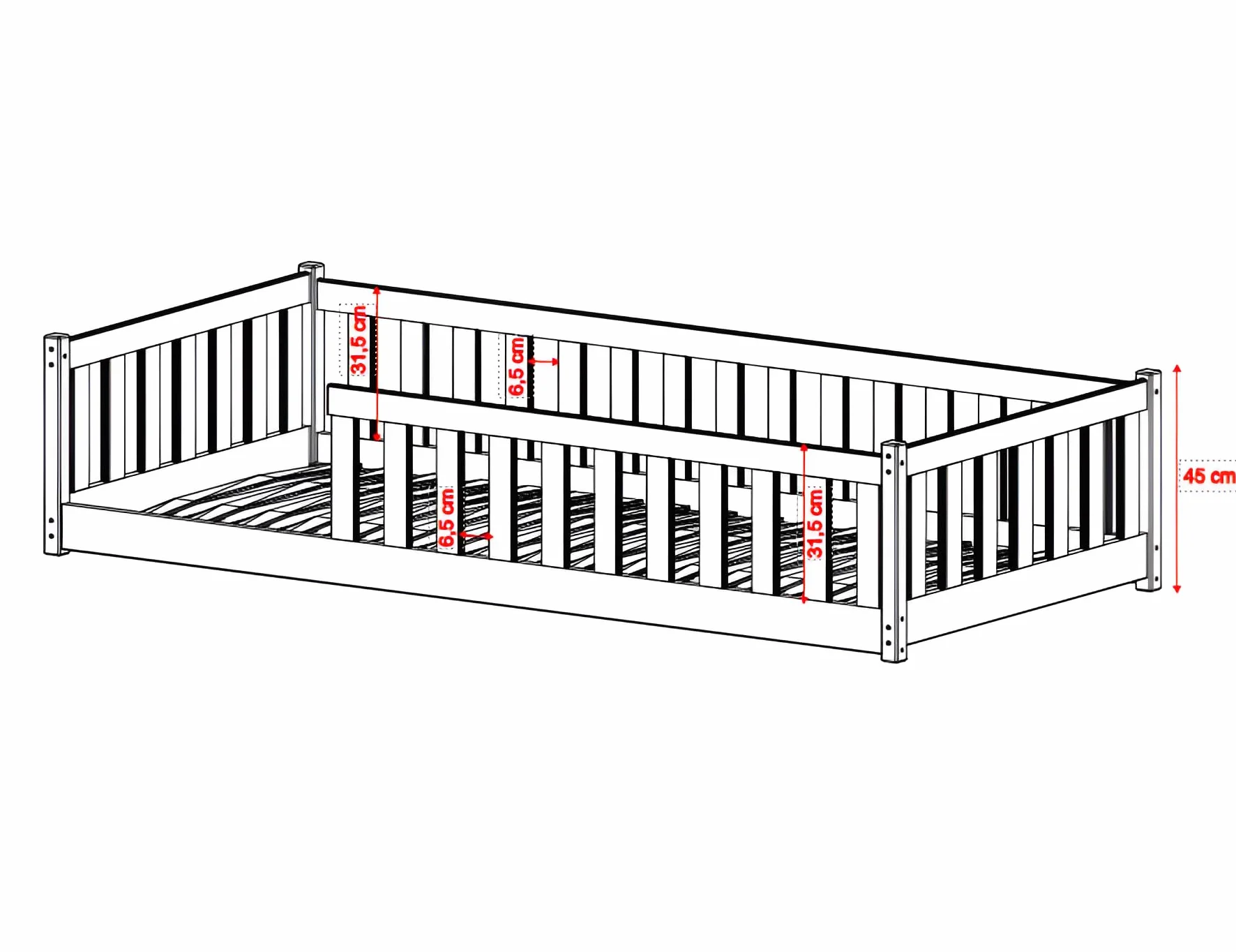Lit d'Enfant Montessori 90x190 cm avec Protection Contre les Chutes & Sommier à Lattes - Lit à Barreaux pour Enfants et Adolescents